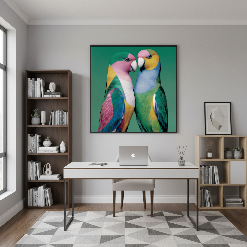 home office with a Framed artwork Abstract colorful birds parrots green blue pink wall art poster print for home decor