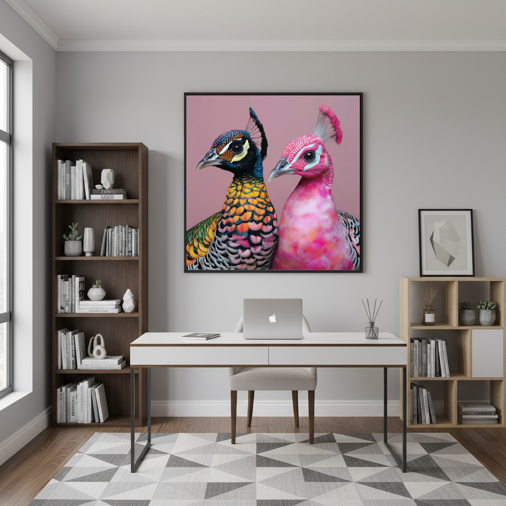home office with a Framed artwork with Vivid pink peacock abstract wall art print with geometric style, perfect for vibrant modern décor