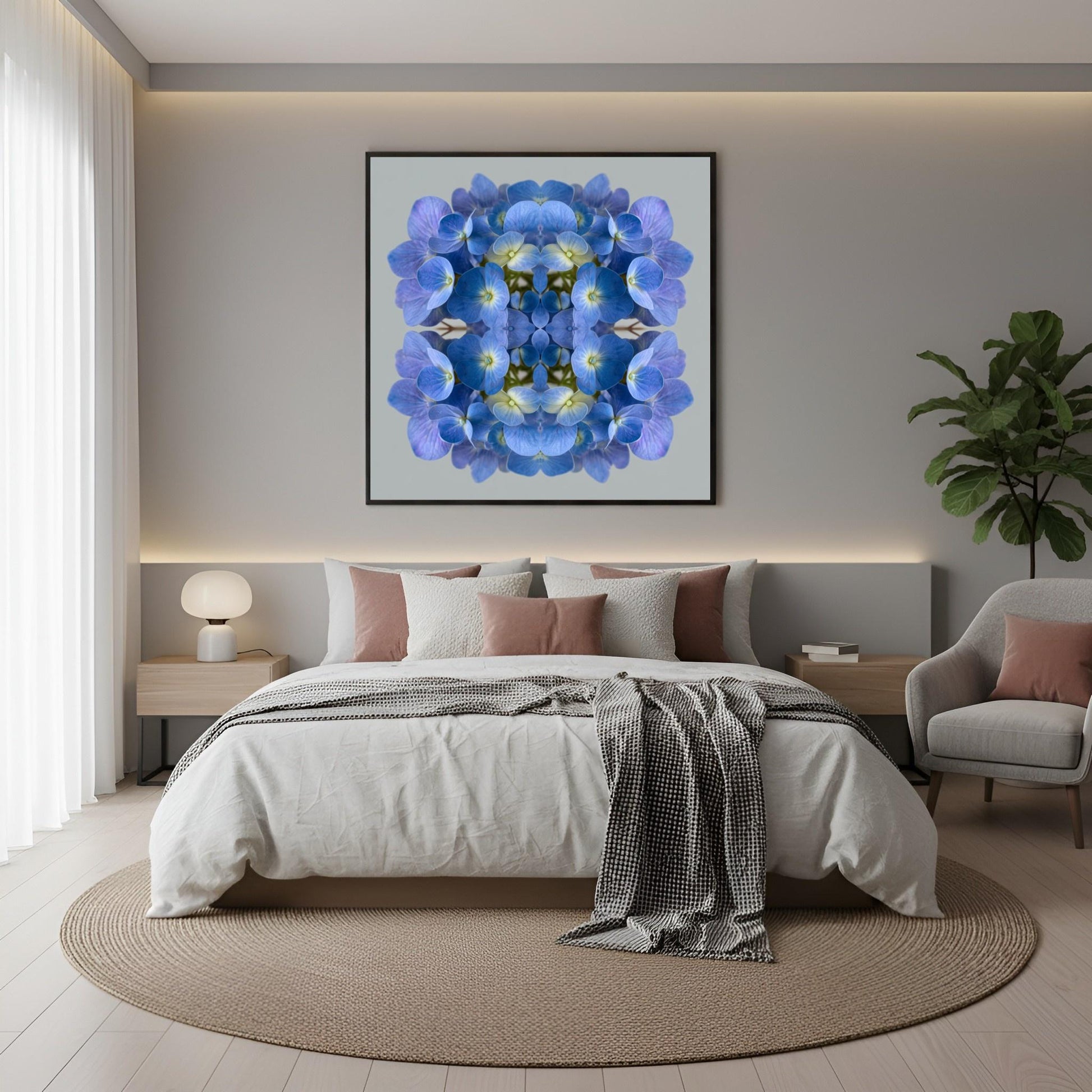 Blue Hydrangea print – vibrant blue petals mirrored in symmetry, stylish floral wall decor home wall decor in boho modern bedroom