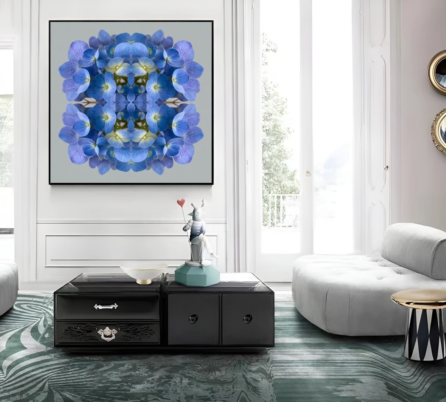 Blue Hydrangea print – vibrant blue petals mirrored in symmetry, stylish floral wall decor home wall decor in contemporary living room