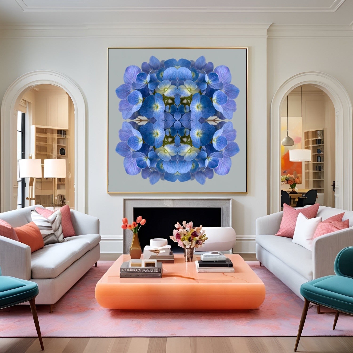 Blue Hydrangea print – vibrant blue petals mirrored in symmetry, stylish floral wall decor home wall decor in eclectic lounge