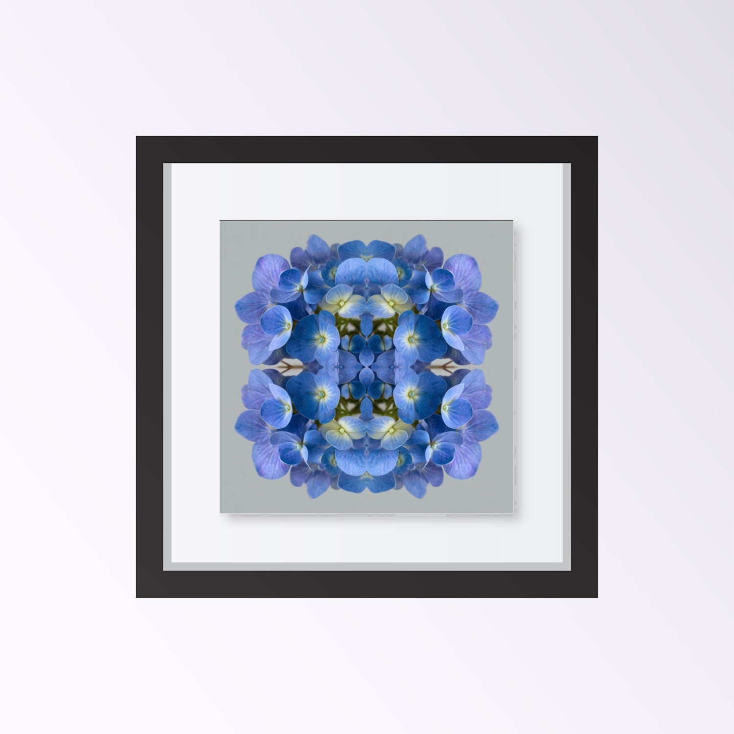 Blue Hydrangea print – vibrant blue petals mirrored in symmetry, stylish floral wall decor home wall decor framed black
