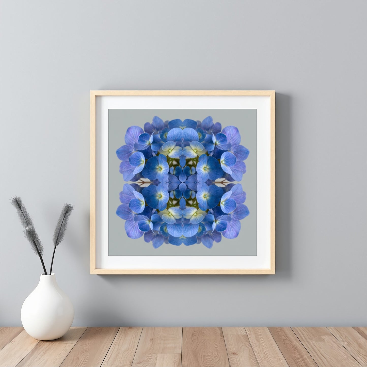 Blue Hydrangea print – vibrant blue petals mirrored in symmetry, stylish floral wall decor home wall decor framed white