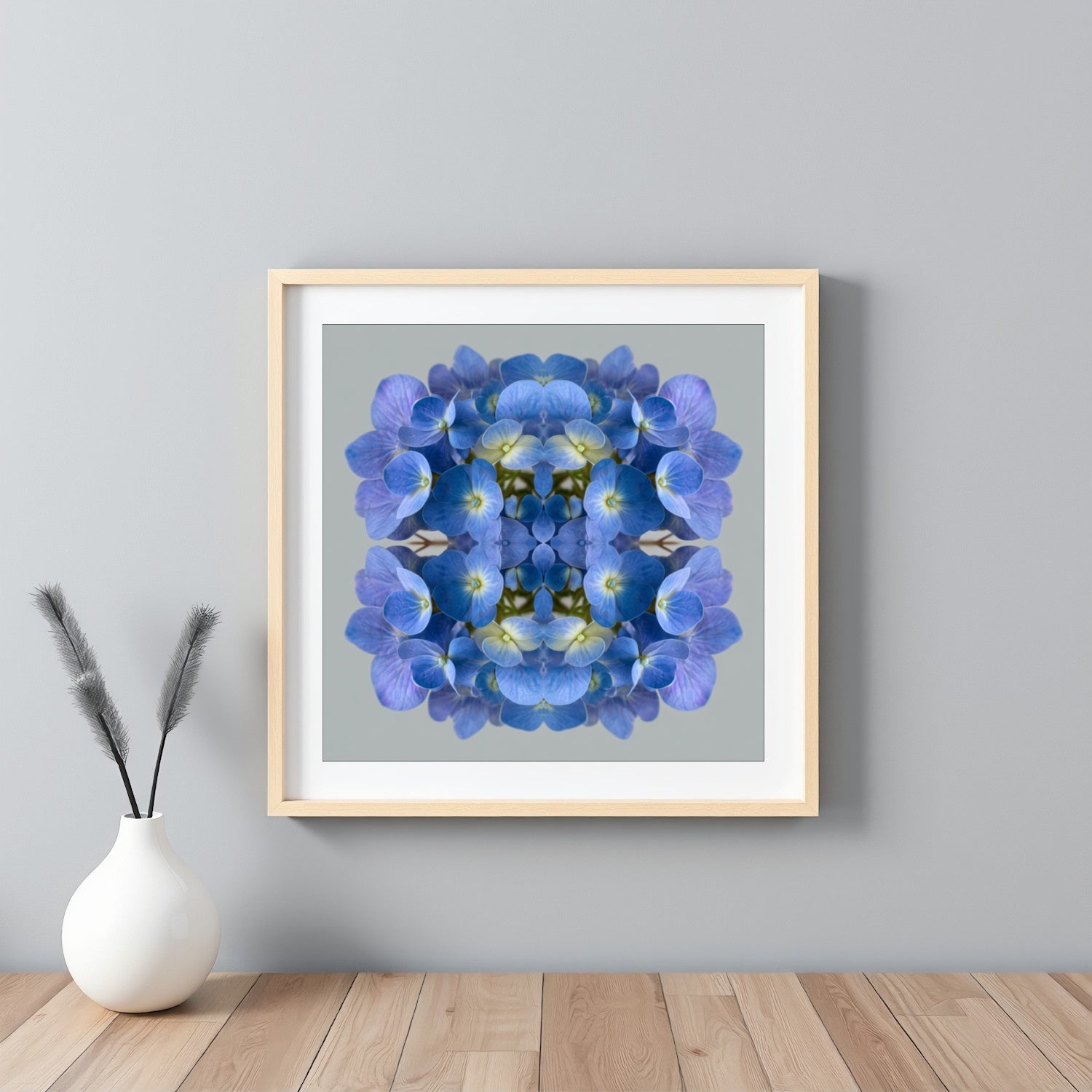 Blue Hydrangea print – vibrant blue petals mirrored in symmetry, stylish floral wall decor home wall decor framed white