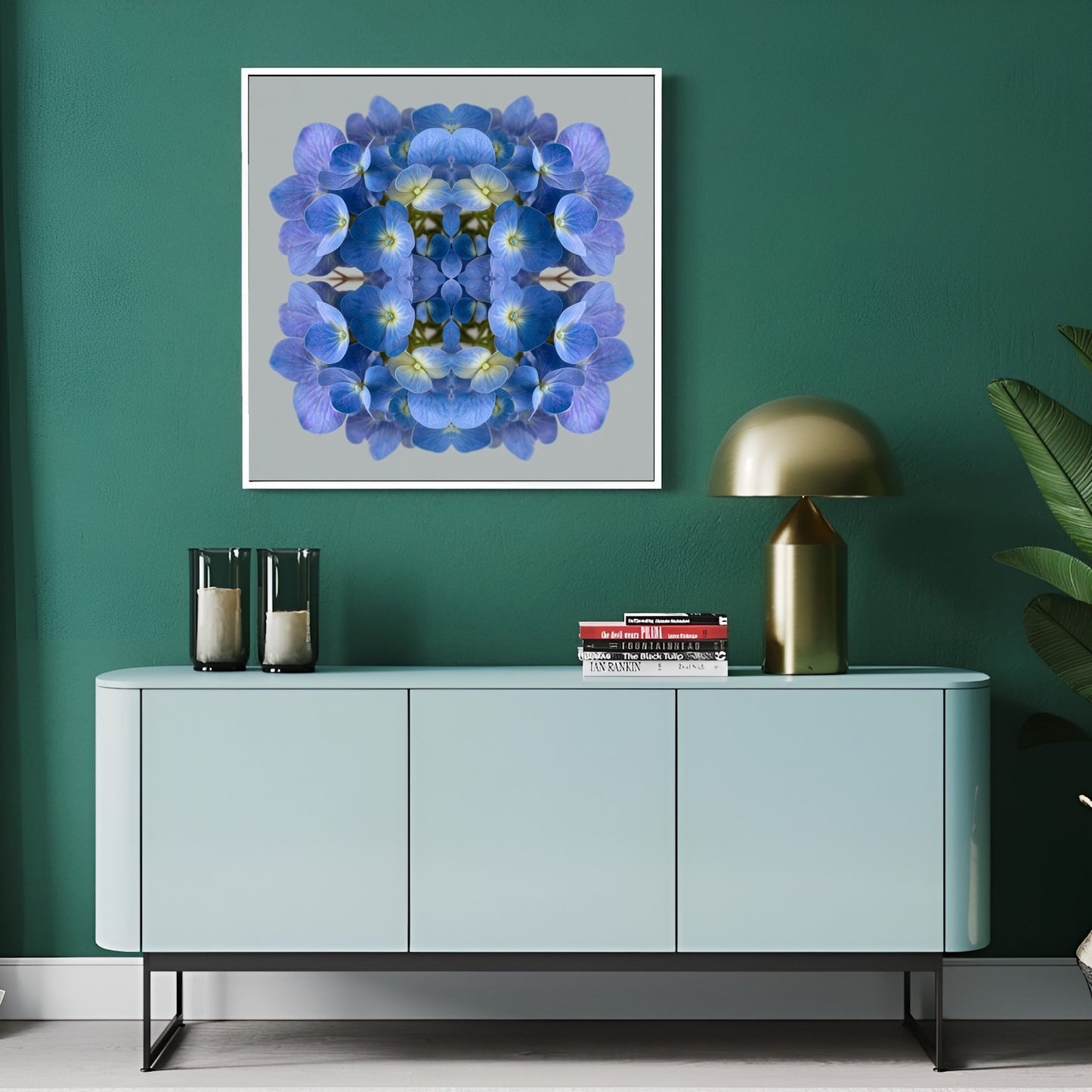 Blue Hydrangea print – vibrant blue petals mirrored in symmetry, stylish floral wall decor home wall decor in modern hallway