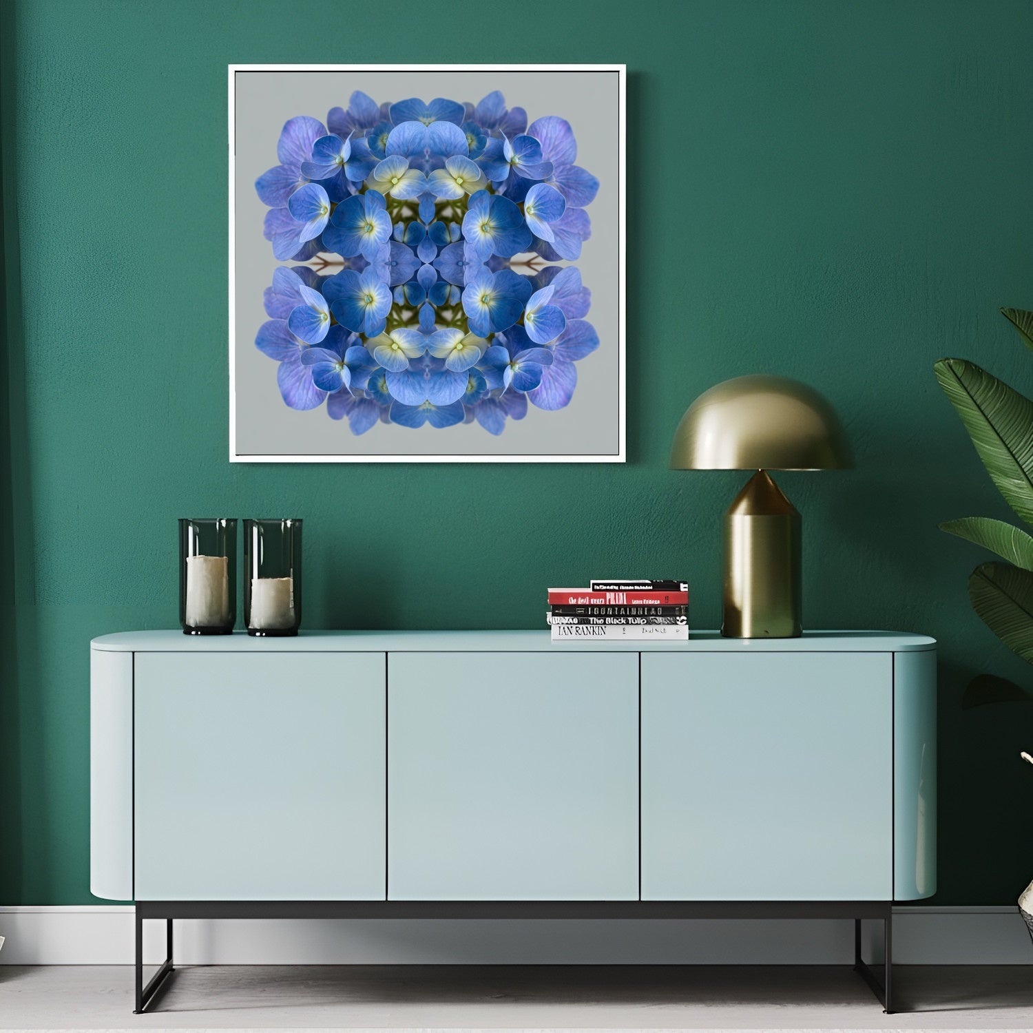 Blue Hydrangea print – vibrant blue petals mirrored in symmetry, stylish floral wall decor home wall decor in modern hallway