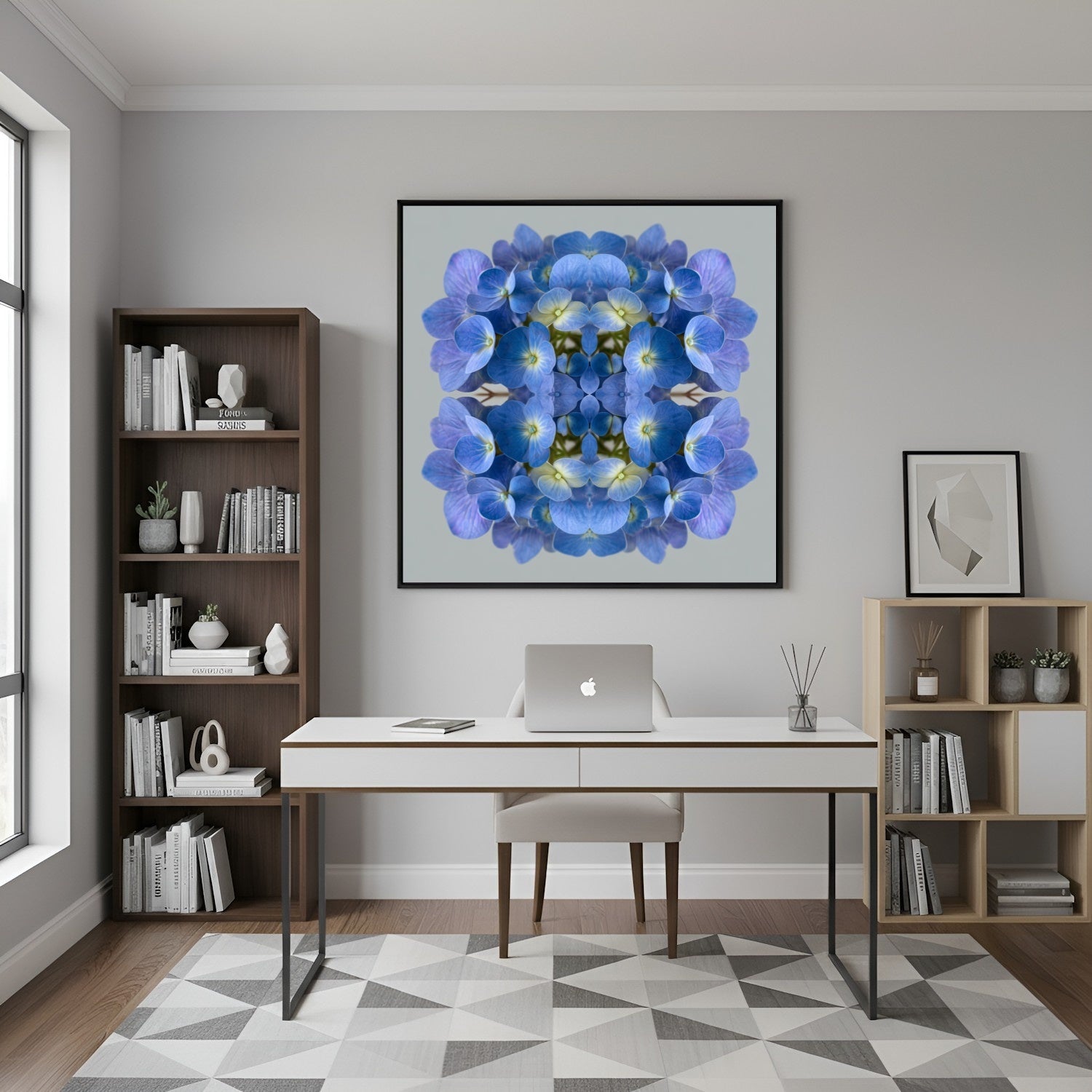 Blue Hydrangea print – vibrant blue petals mirrored in symmetry, stylish floral wall decor home wall decor in home office