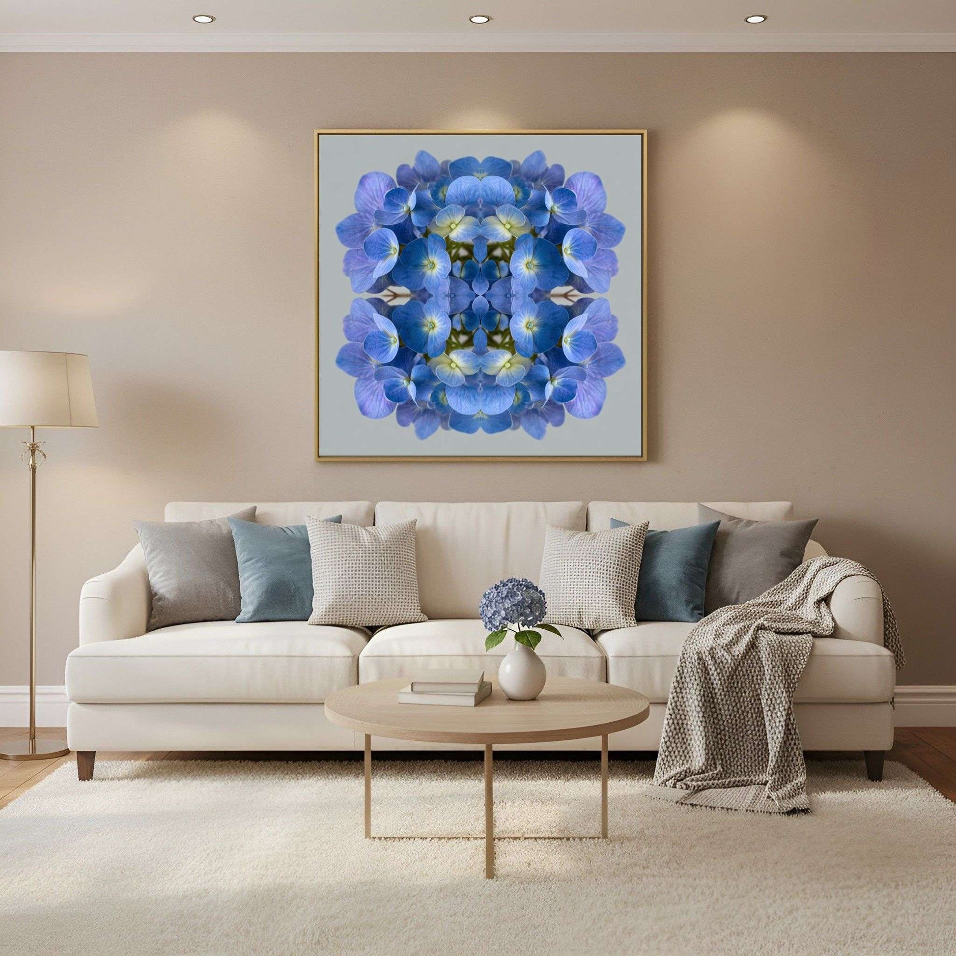 Blue Hydrangea print – vibrant blue petals mirrored in symmetry, stylish floral wall decor home wall decor in Scandinavian living room 
