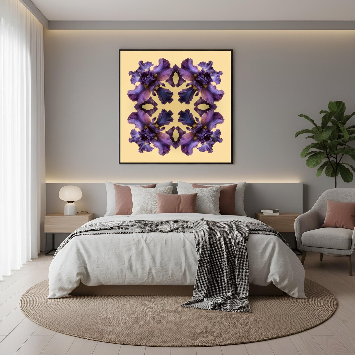 Iris Reflection print – violet irises on warm yellow, bold mandala botanical artwork in boho bedroom