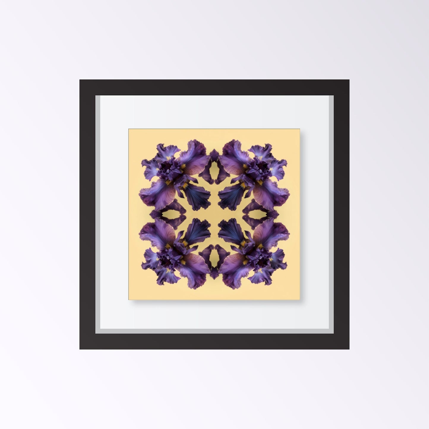Iris Reflection print – violet irises on warm yellow, bold mandala botanical artwork framed black