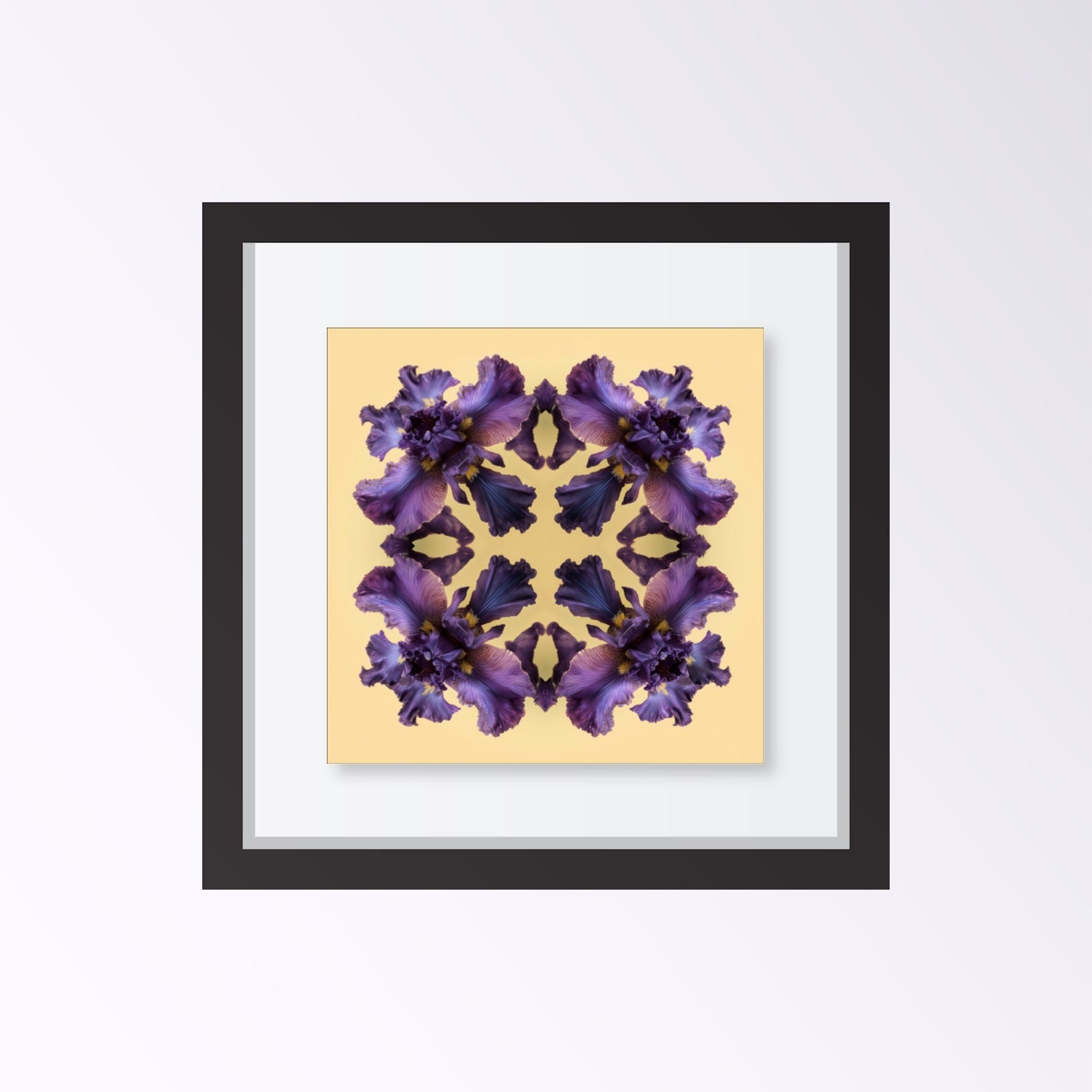 Iris Reflection print – violet irises on warm yellow, bold mandala botanical artwork framed black