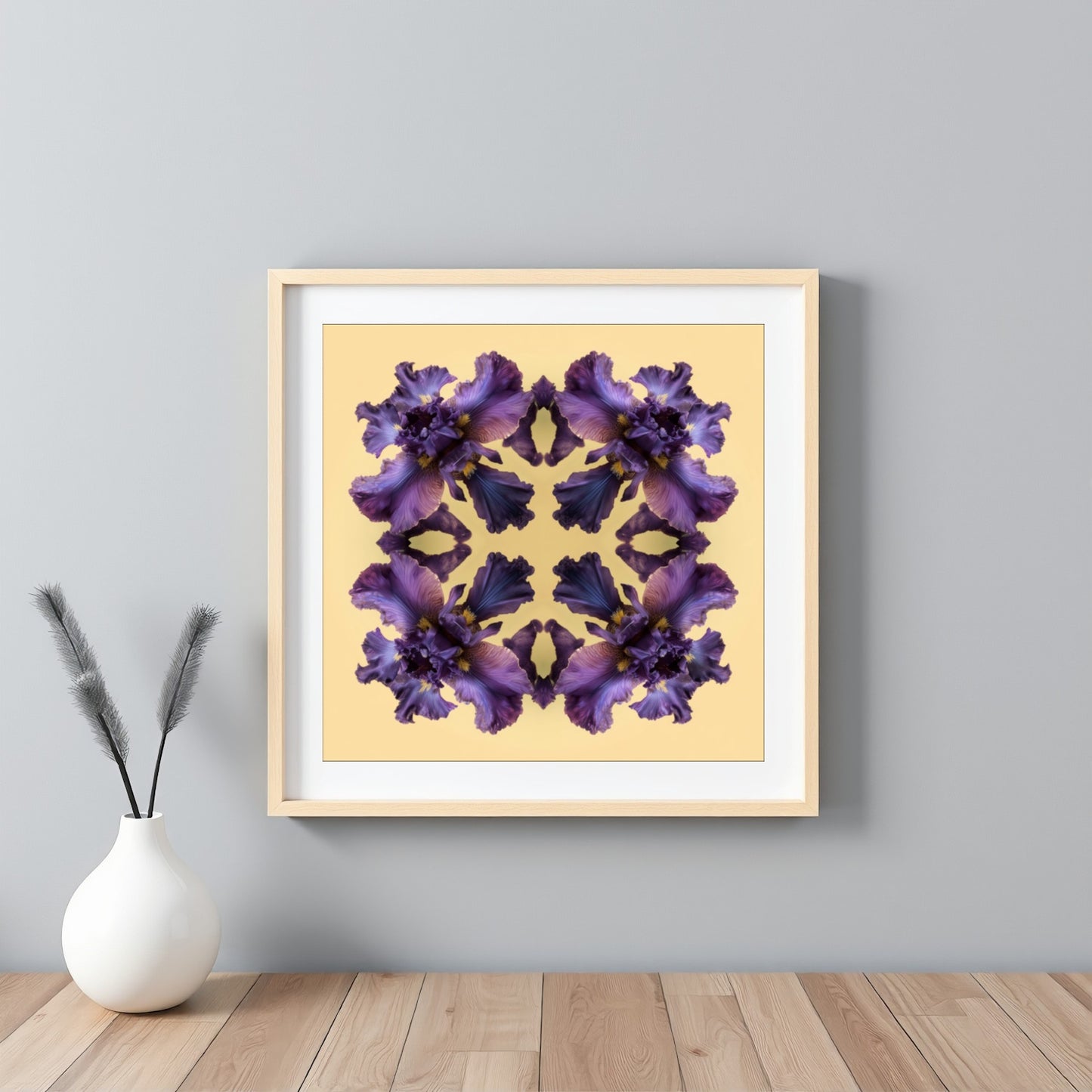 Iris Reflection print – violet irises on warm yellow, bold mandala botanical artwork framed white