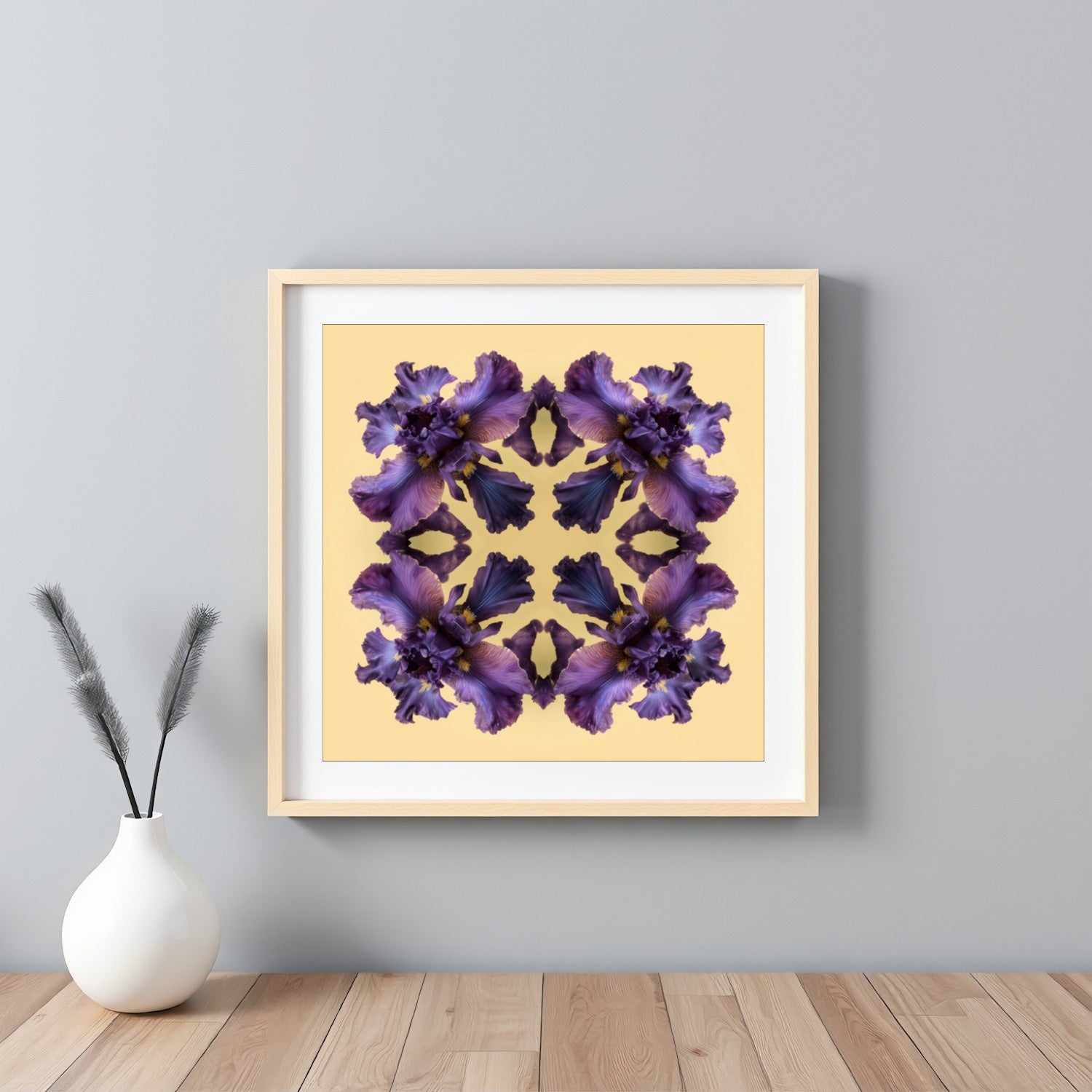 Iris Reflection print – violet irises on warm yellow, bold mandala botanical artwork framed white