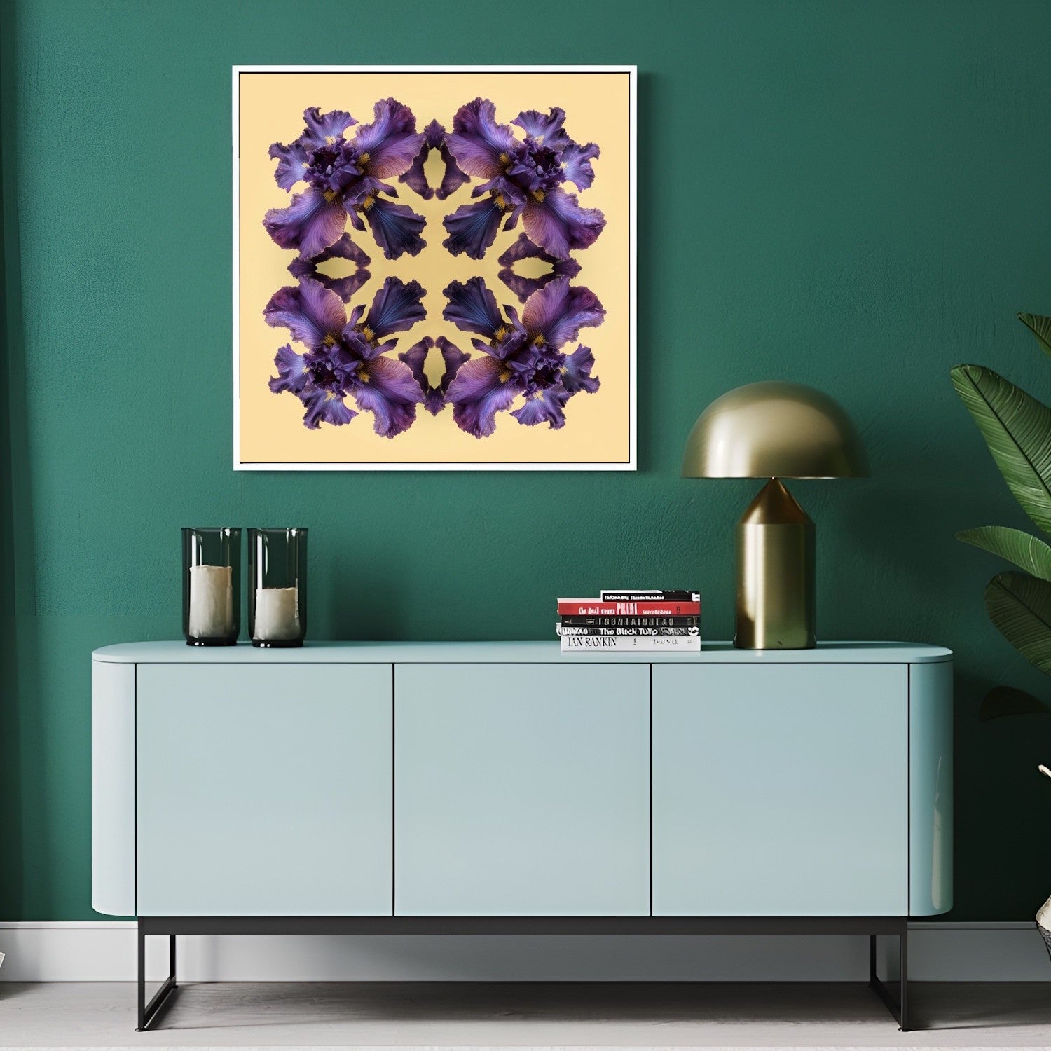 Iris Reflection print – violet irises on warm yellow, bold mandala botanical artwork in modern hallway