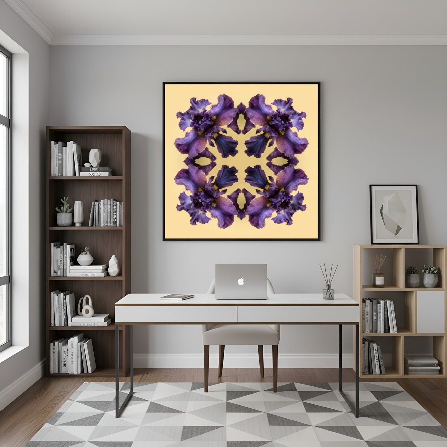 Iris Reflection print – violet irises on warm yellow, bold mandala botanical artwork  in home office