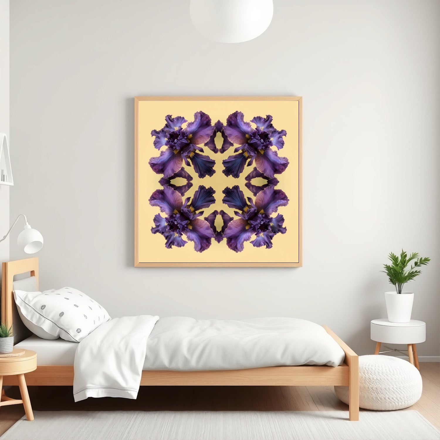 Iris Reflection print – violet irises on warm yellow, bold mandala botanical artwork in kids room