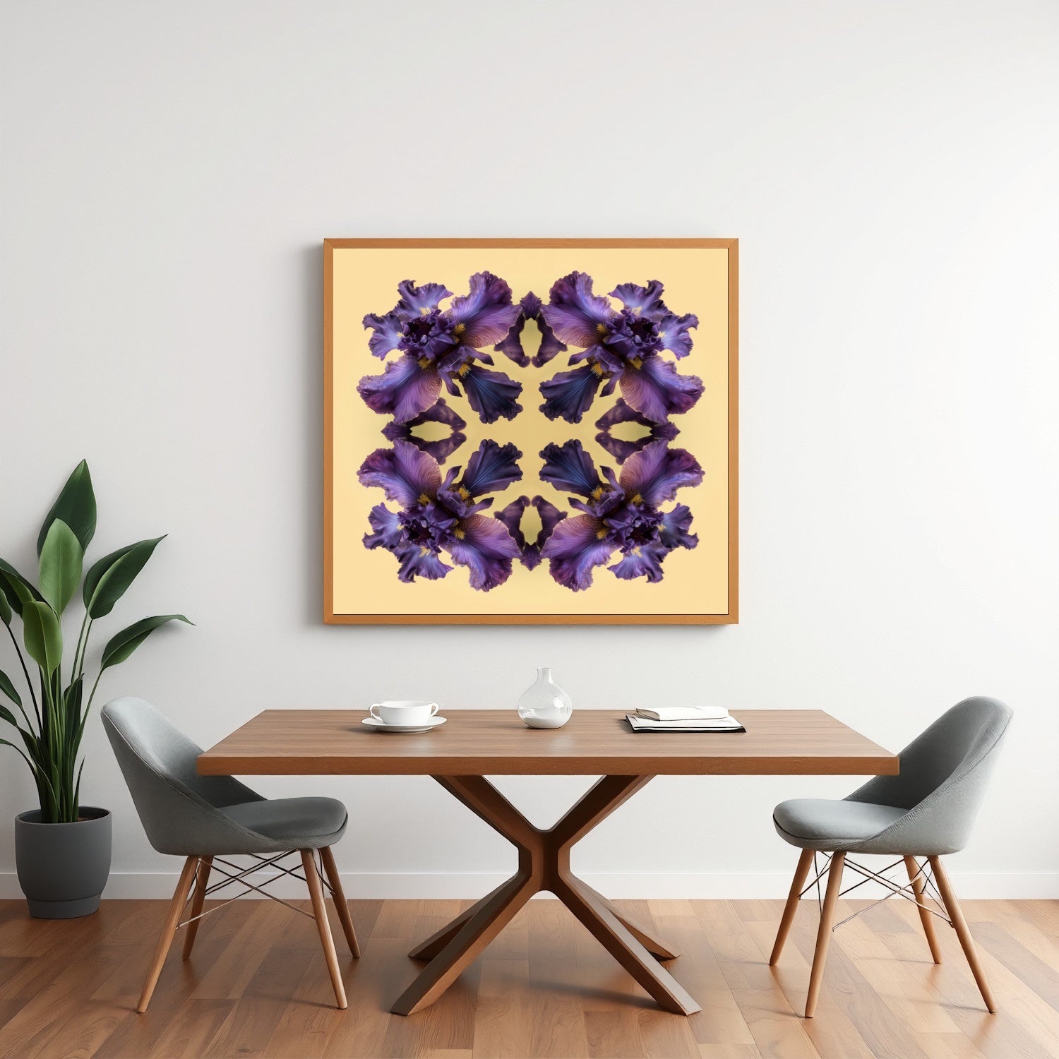 Iris Reflection print – violet irises on warm yellow, bold mandala botanical artwork  in minimalist dining