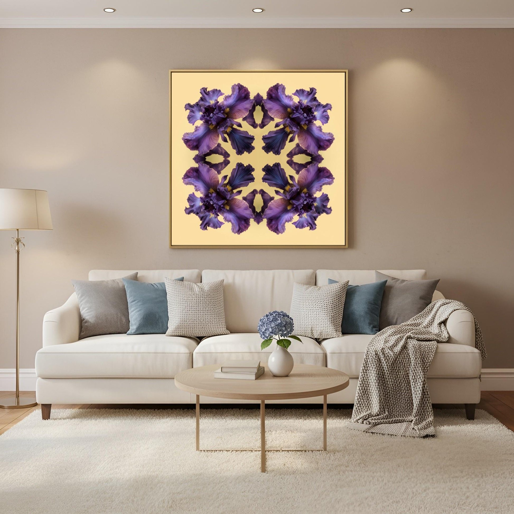Iris Reflection print – violet irises on warm yellow, bold mandala botanical artwork in Scandinavian living