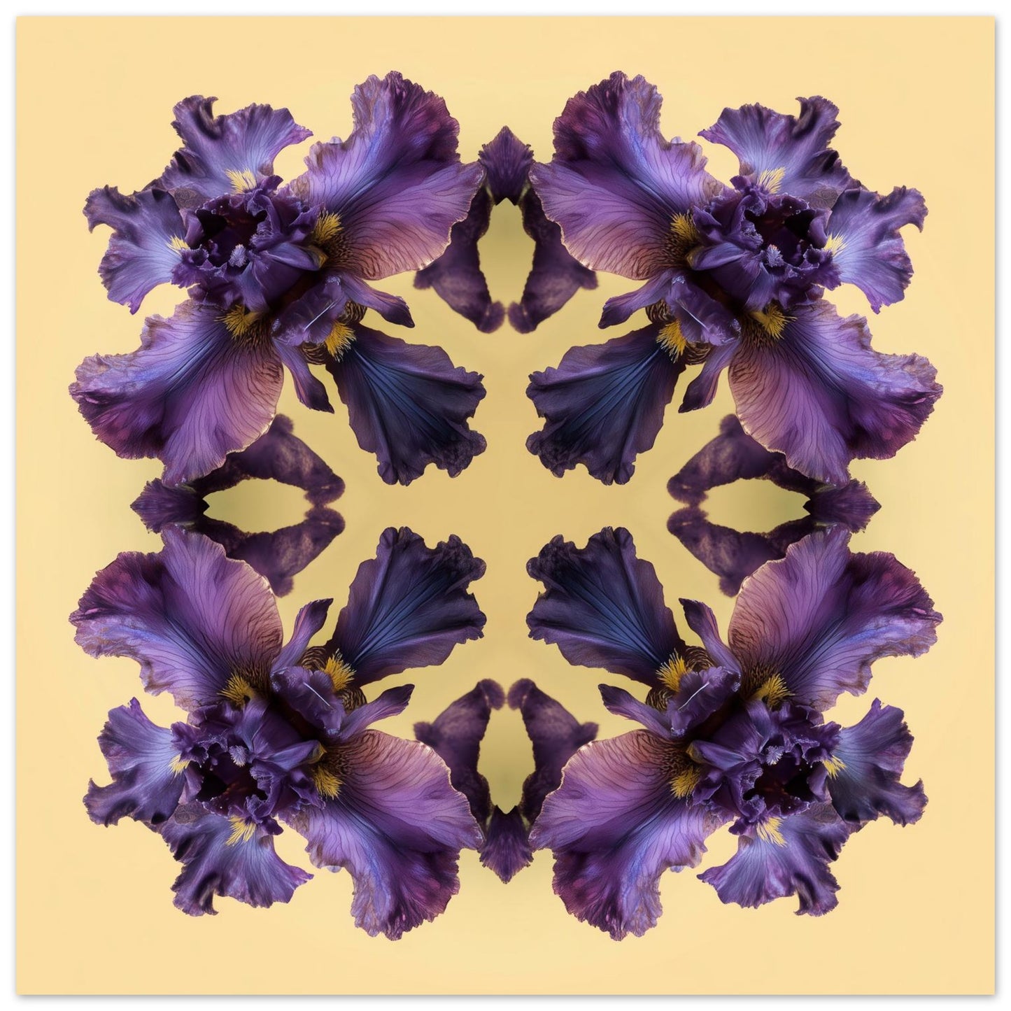 Iris Reflection print – violet irises on warm yellow, bold mandala botanical artwork close up
