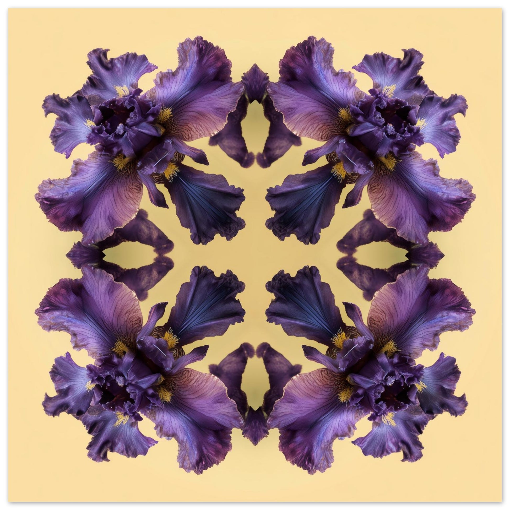 Iris Reflection print – violet irises on warm yellow, bold mandala botanical artwork close up