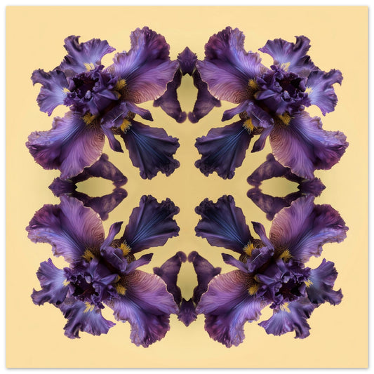 Iris Reflection print – violet irises on warm yellow, bold mandala botanical artwork close up