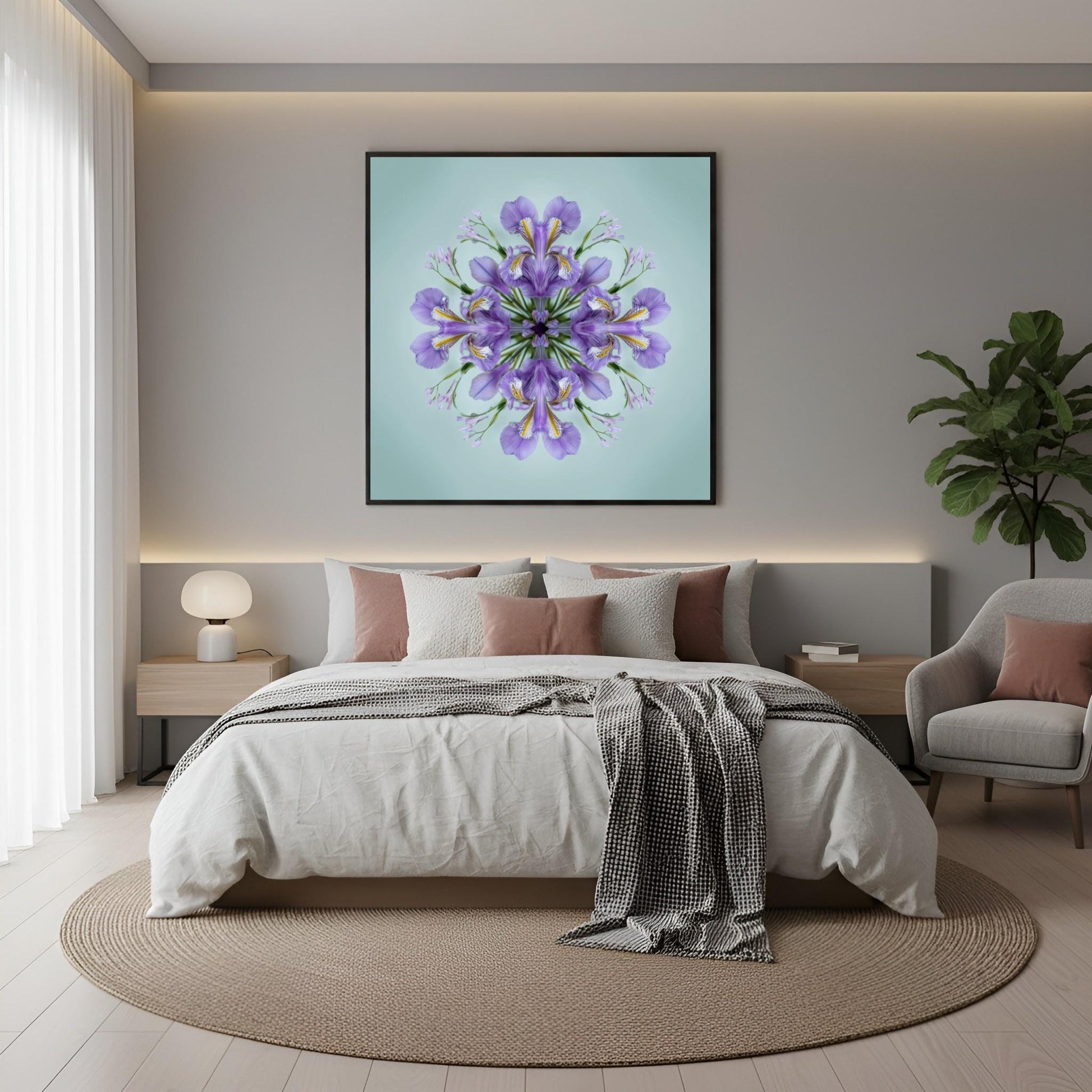 Iris Petals print – violet blossoms arranged in calm geometric form, mandala botanical artwork in boho bedroom
