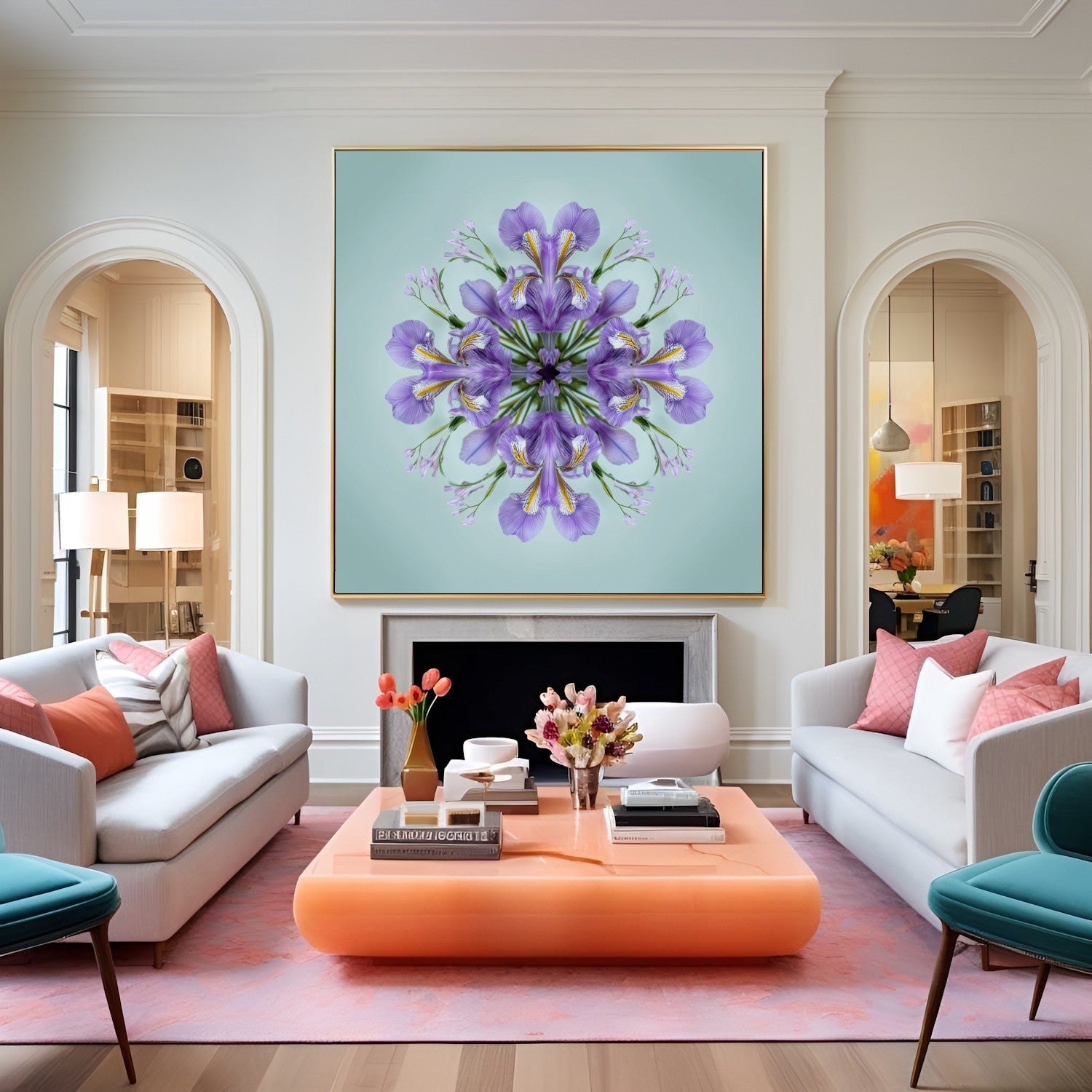 Iris Petals print – violet blossoms arranged in calm geometric form, mandala botanical artwork in eclectic lounge