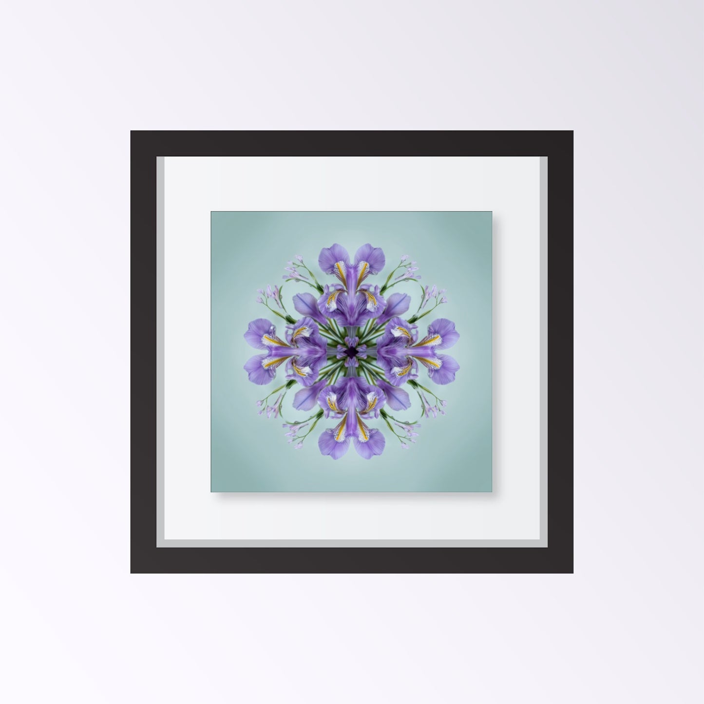 Iris Petals print – violet blossoms arranged in calm geometric form, mandala botanical artwork framed black