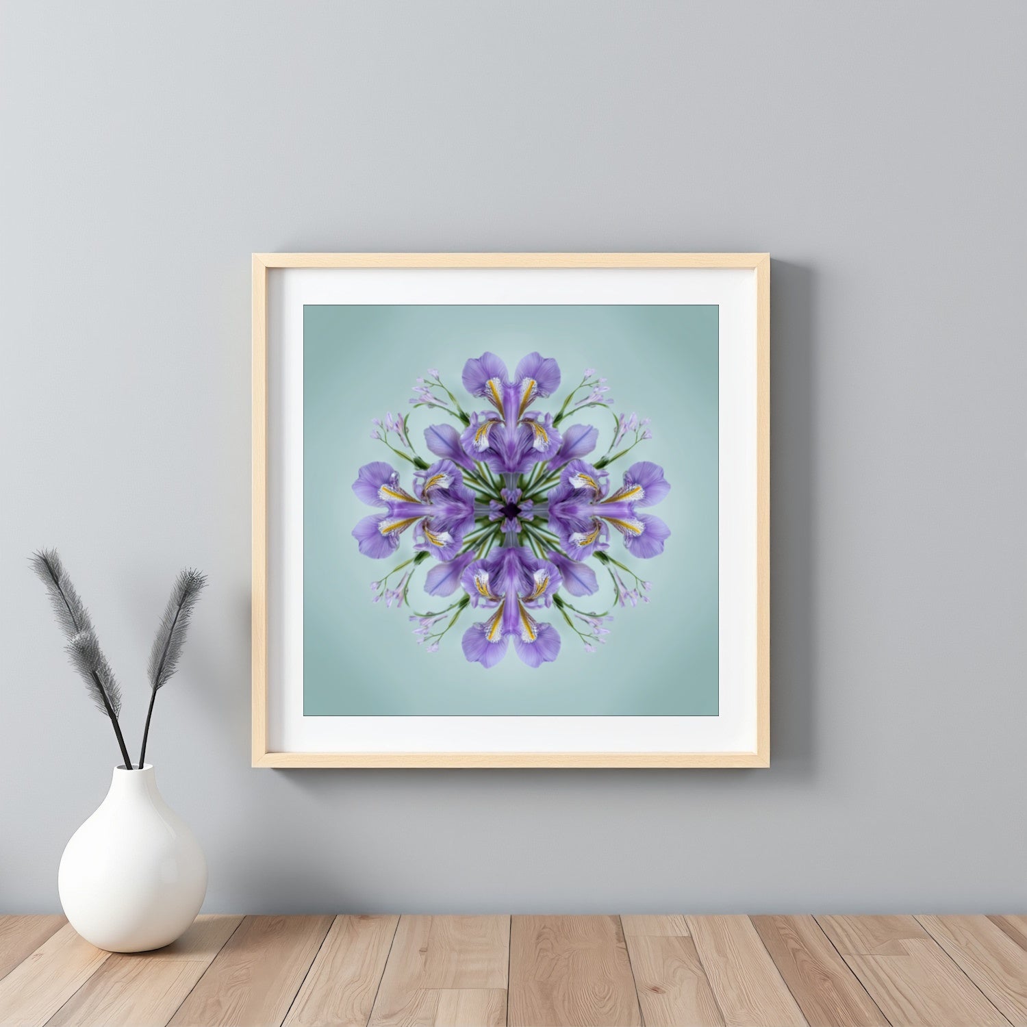 Iris Petals print – violet blossoms arranged in calm geometric form, mandala botanical artwork framed white