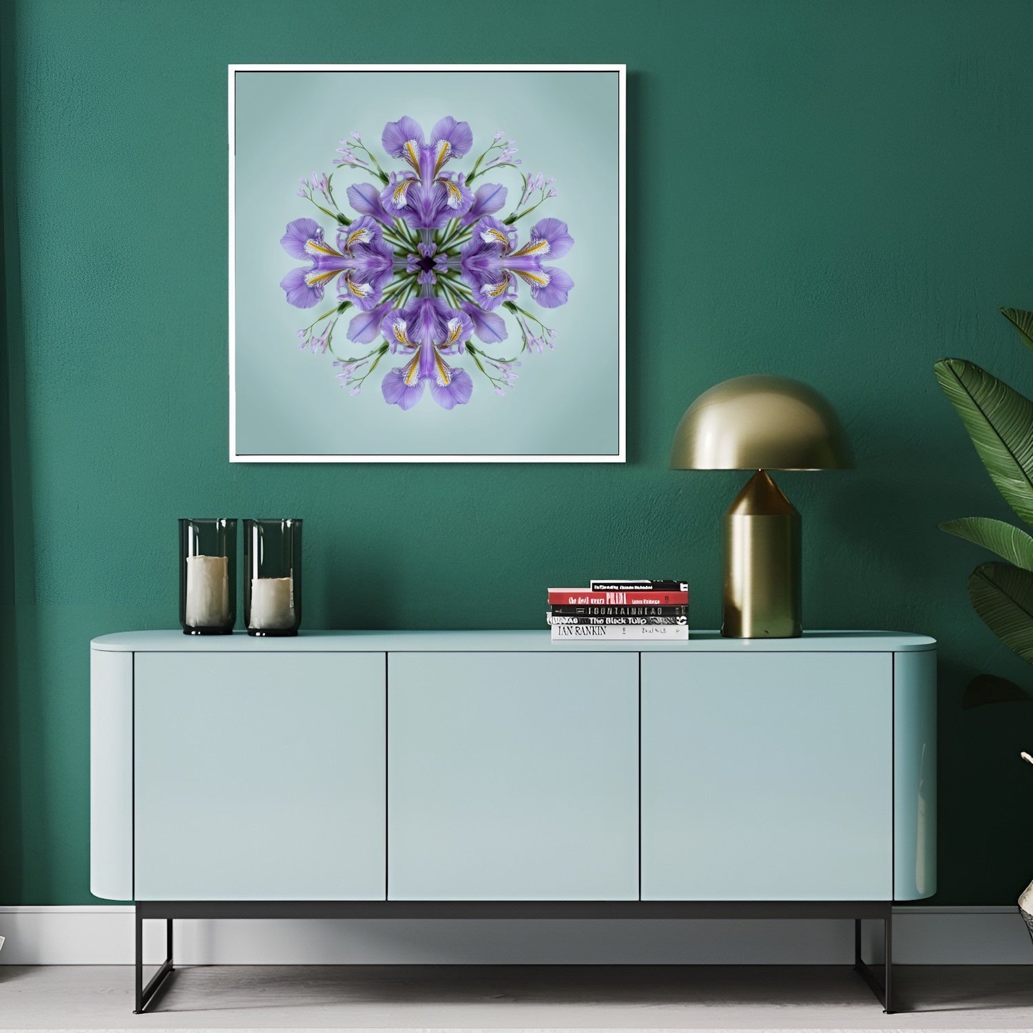 Iris Petals print – violet blossoms arranged in calm geometric form, mandala botanical artwork in modern hallway