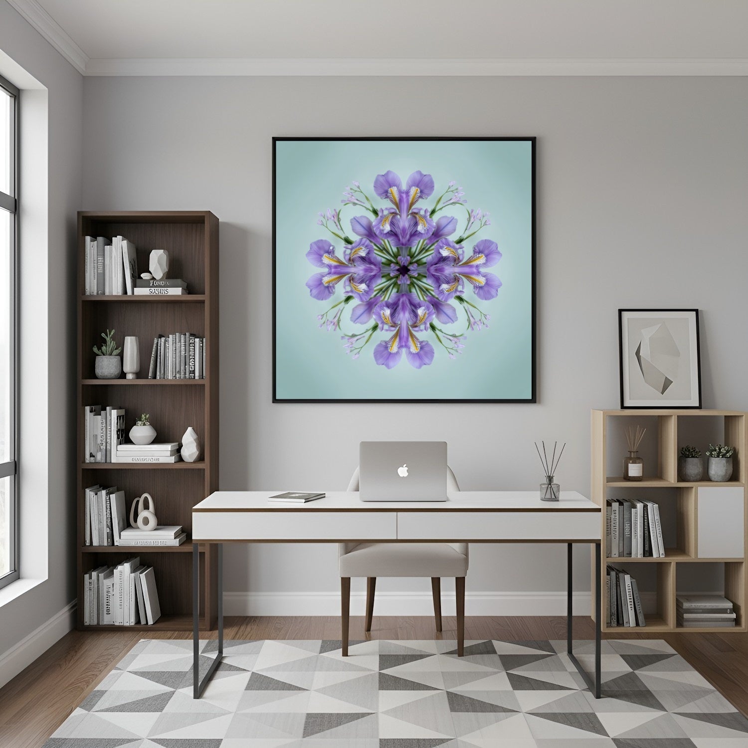 Iris Petals print – violet blossoms arranged in calm geometric form, mandala botanical artwork in home office