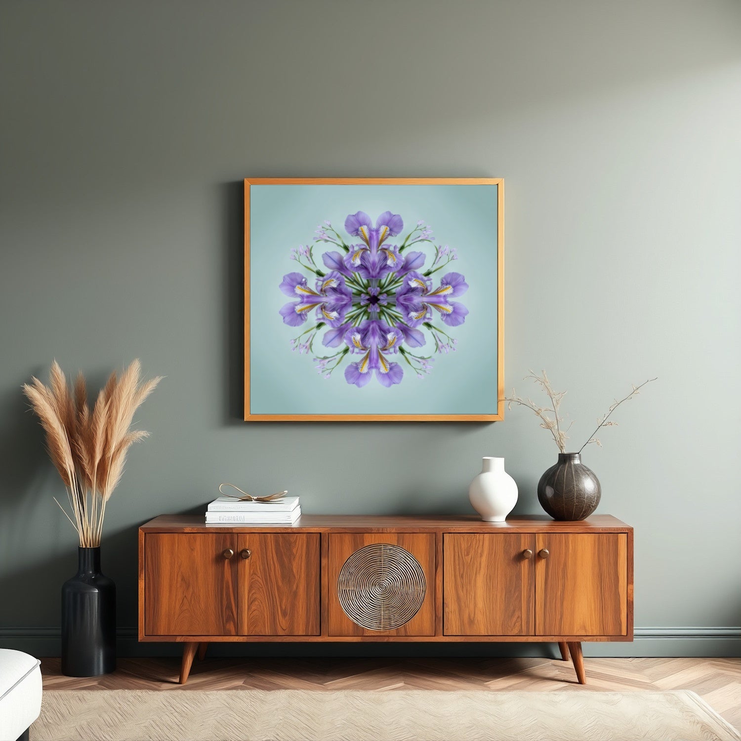 Iris Petals print – violet blossoms arranged in calm geometric form, mandala botanical artwork in living room