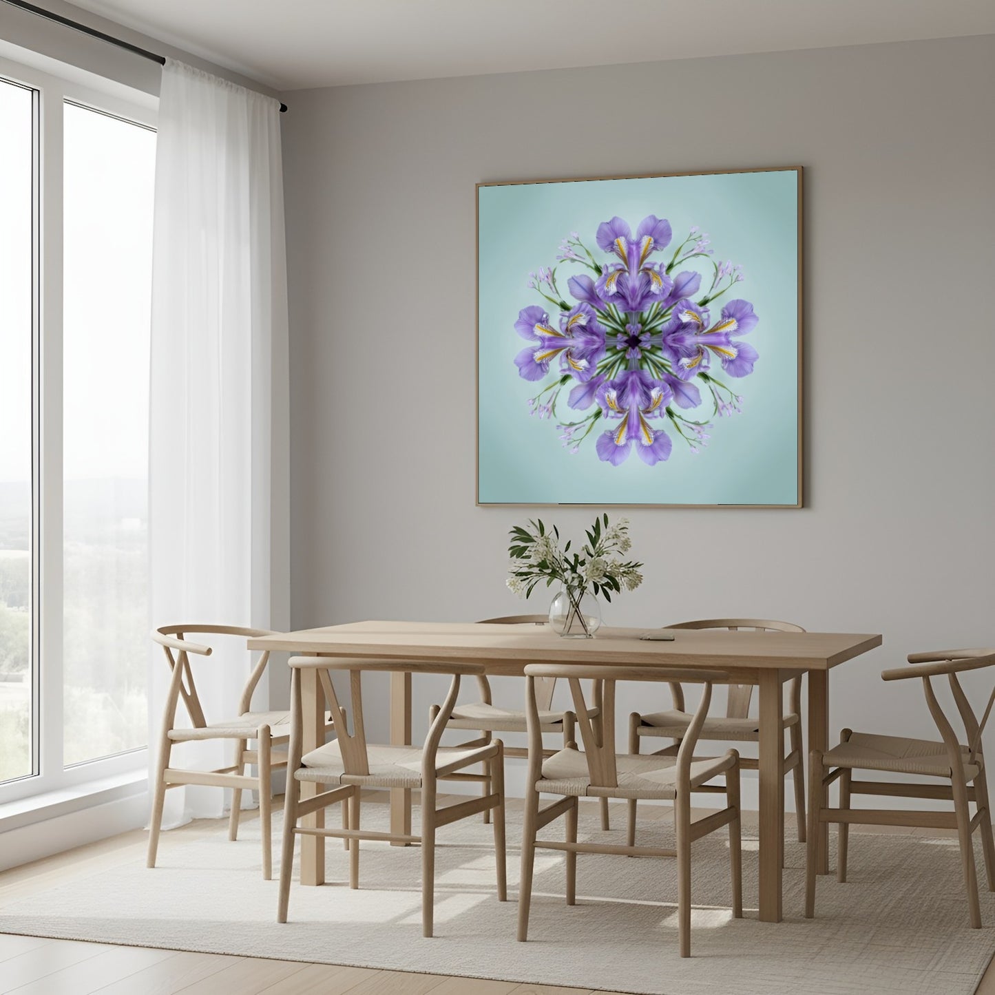 Iris Petals print – violet blossoms arranged in calm geometric form, mandala botanical artwork in Scandinavian dining