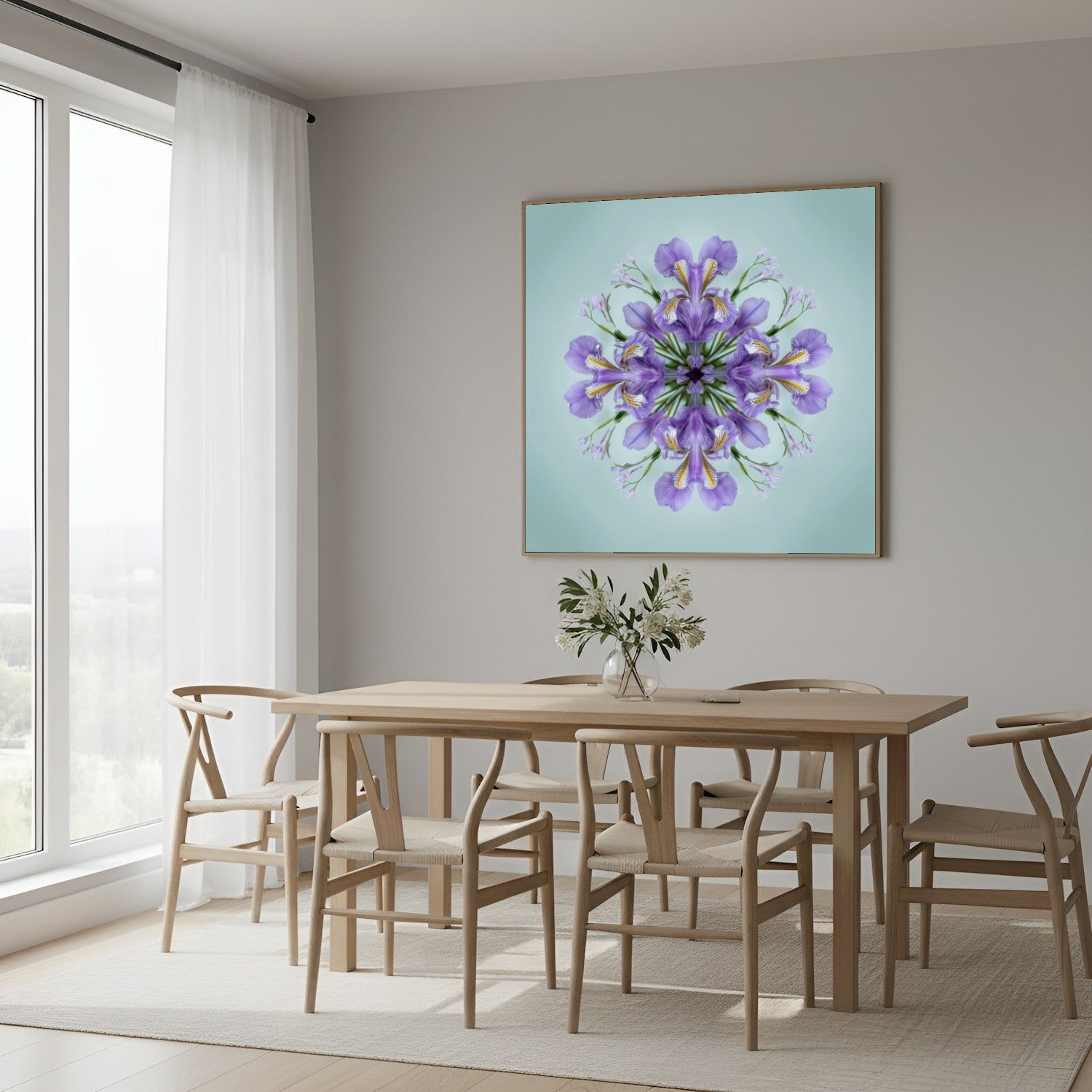 Iris Petals print – violet blossoms arranged in calm geometric form, mandala botanical artwork in Scandinavian dining