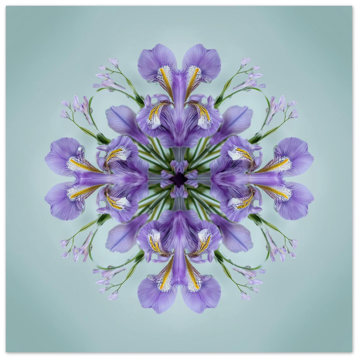 Iris Petals print – violet blossoms arranged in calm geometric form, mandala botanical artwork close up