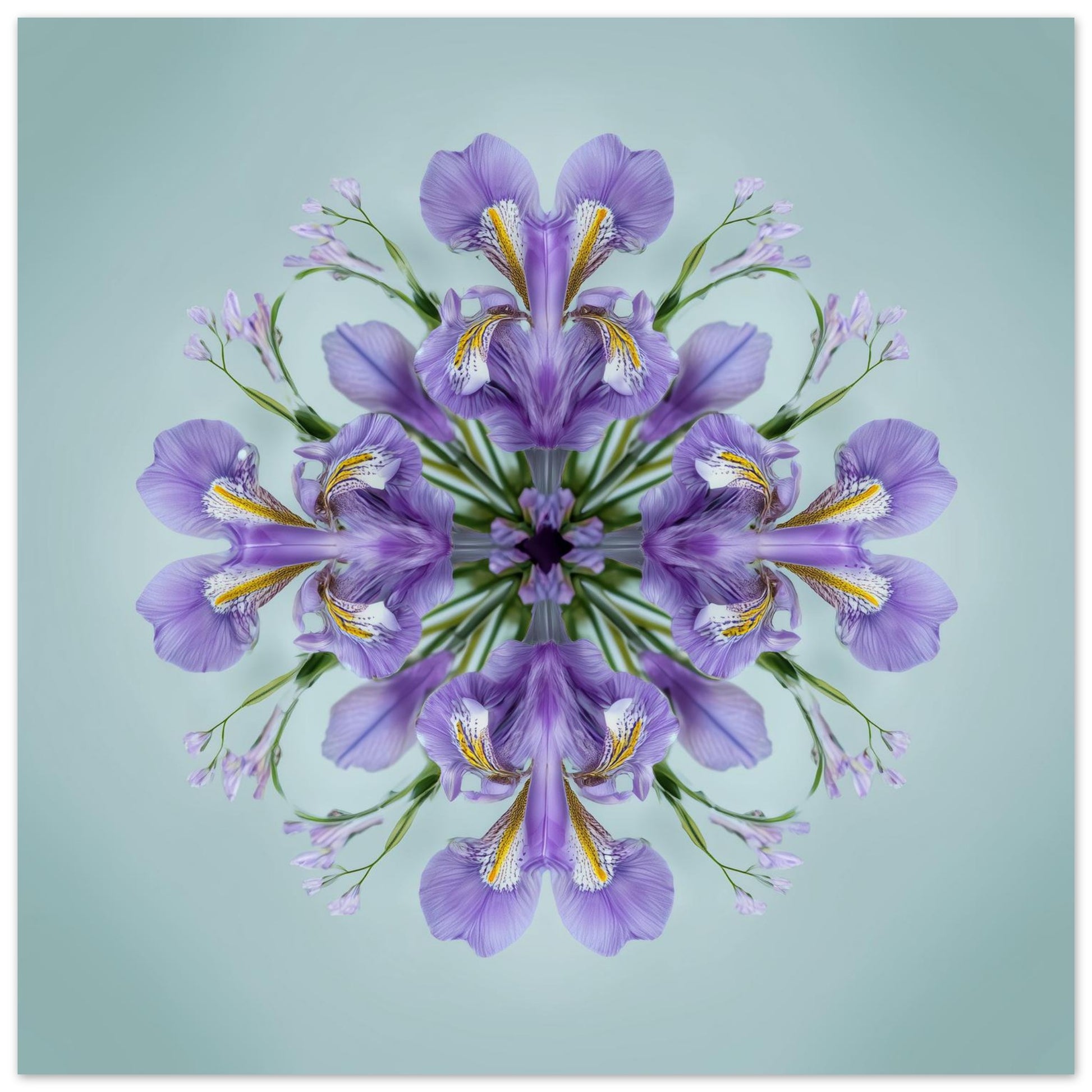 Iris Petals print – violet blossoms arranged in calm geometric form, mandala botanical artwork close up