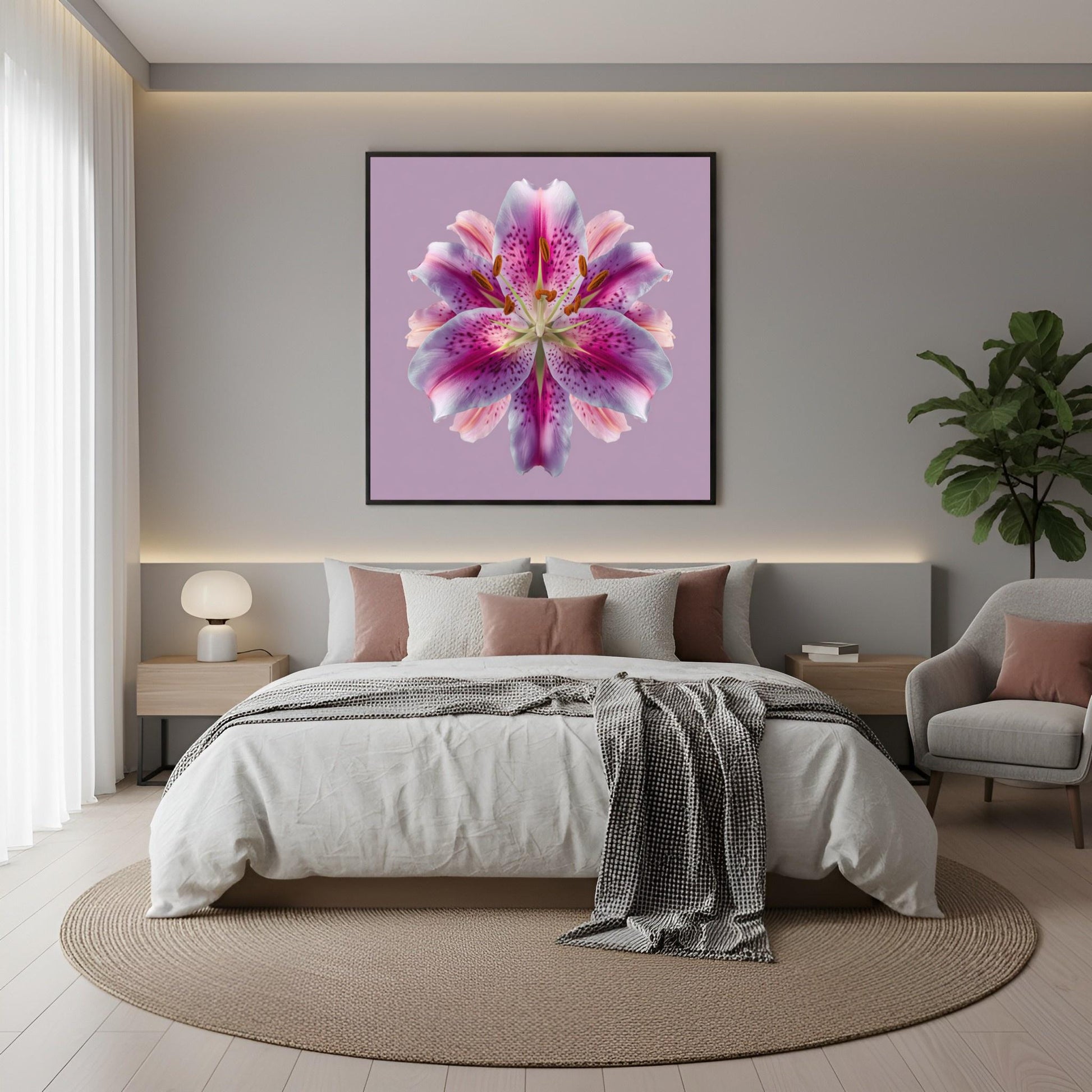 Lily Floral Reflection print – radiant pink lilies mirrored on lavender backdrop, striking wall art in boho bedroom