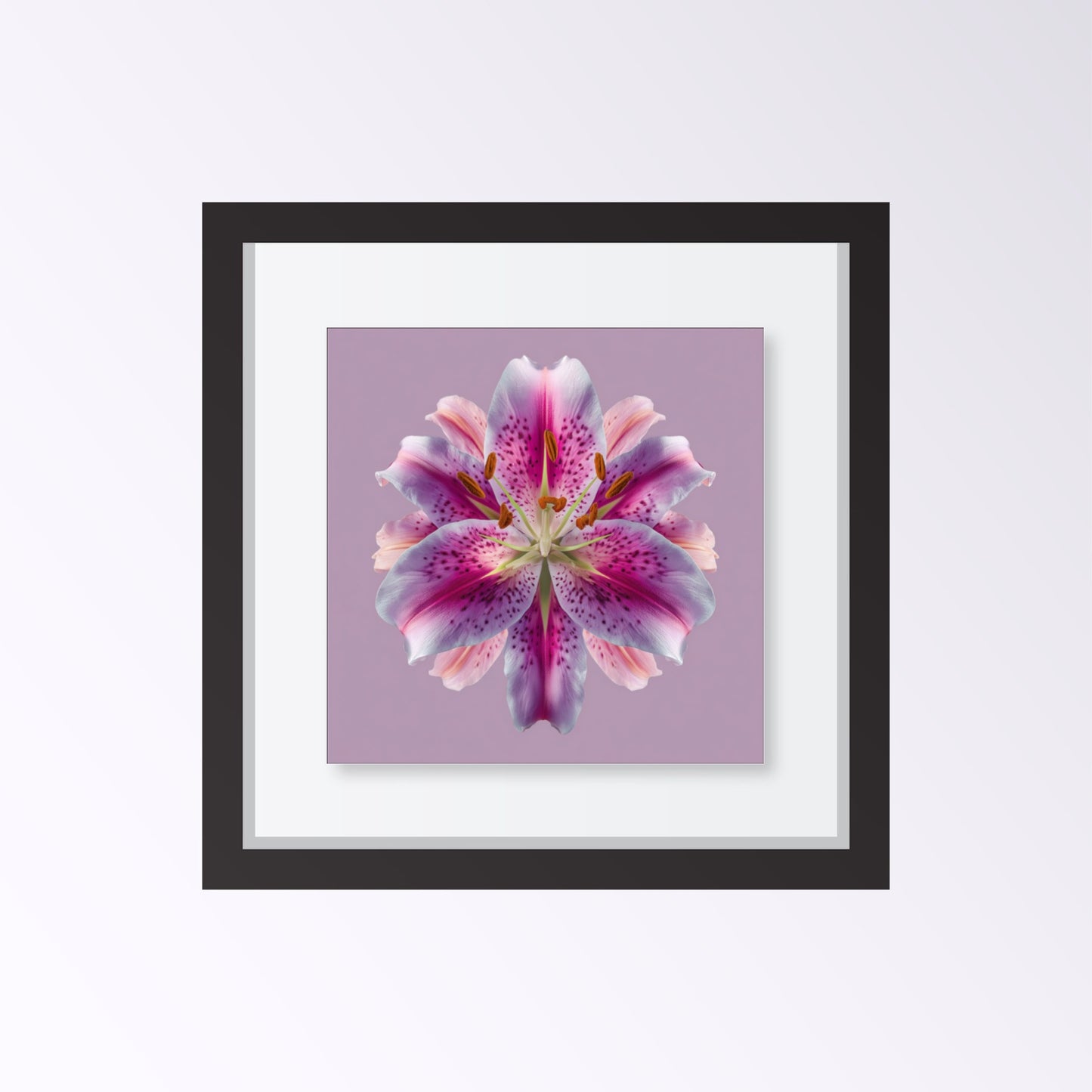 Lily Floral Reflection print – radiant pink lilies mirrored on lavender backdrop, striking wall art framed black