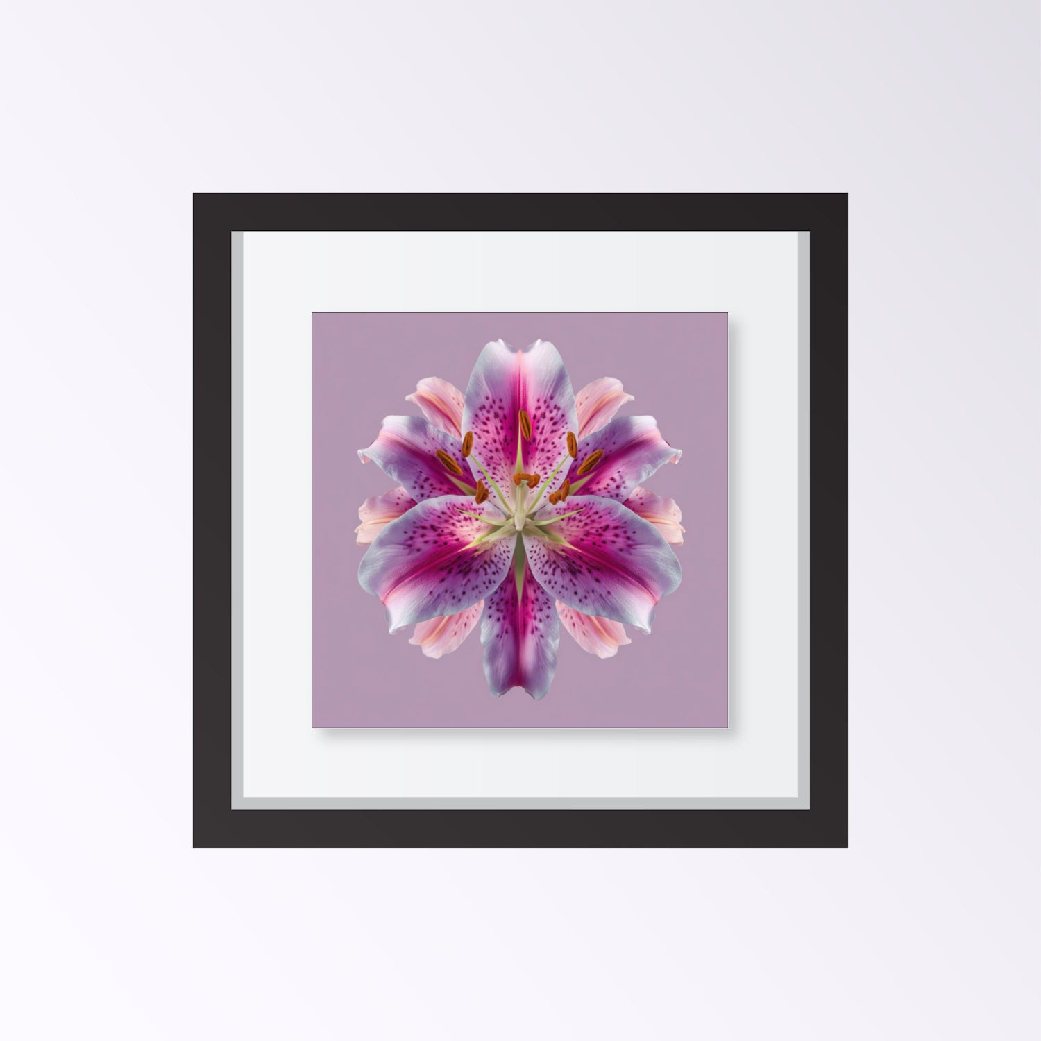 Lily Floral Reflection print – radiant pink lilies mirrored on lavender backdrop, striking wall art framed black