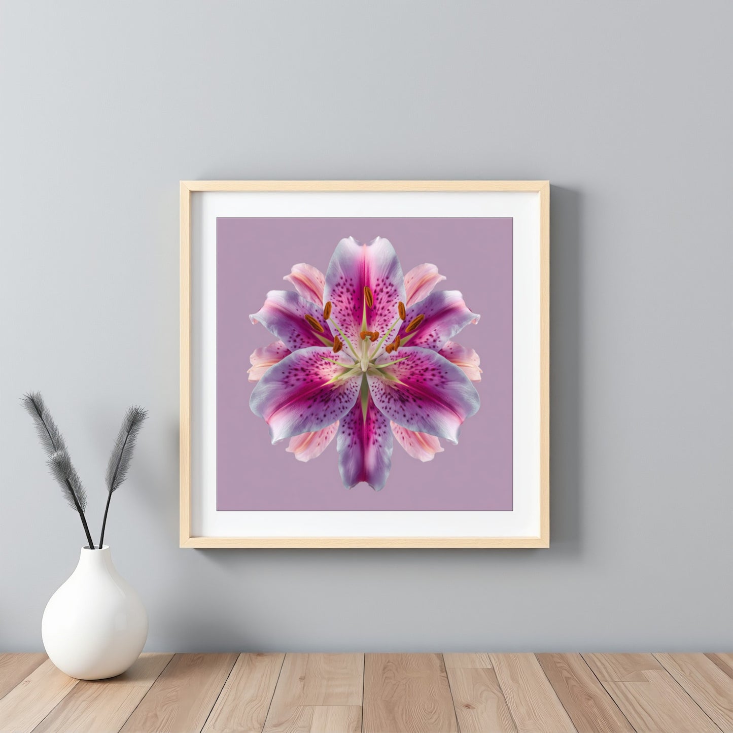 Lily Floral Reflection print – radiant pink lilies mirrored on lavender backdrop, striking wall art framed white