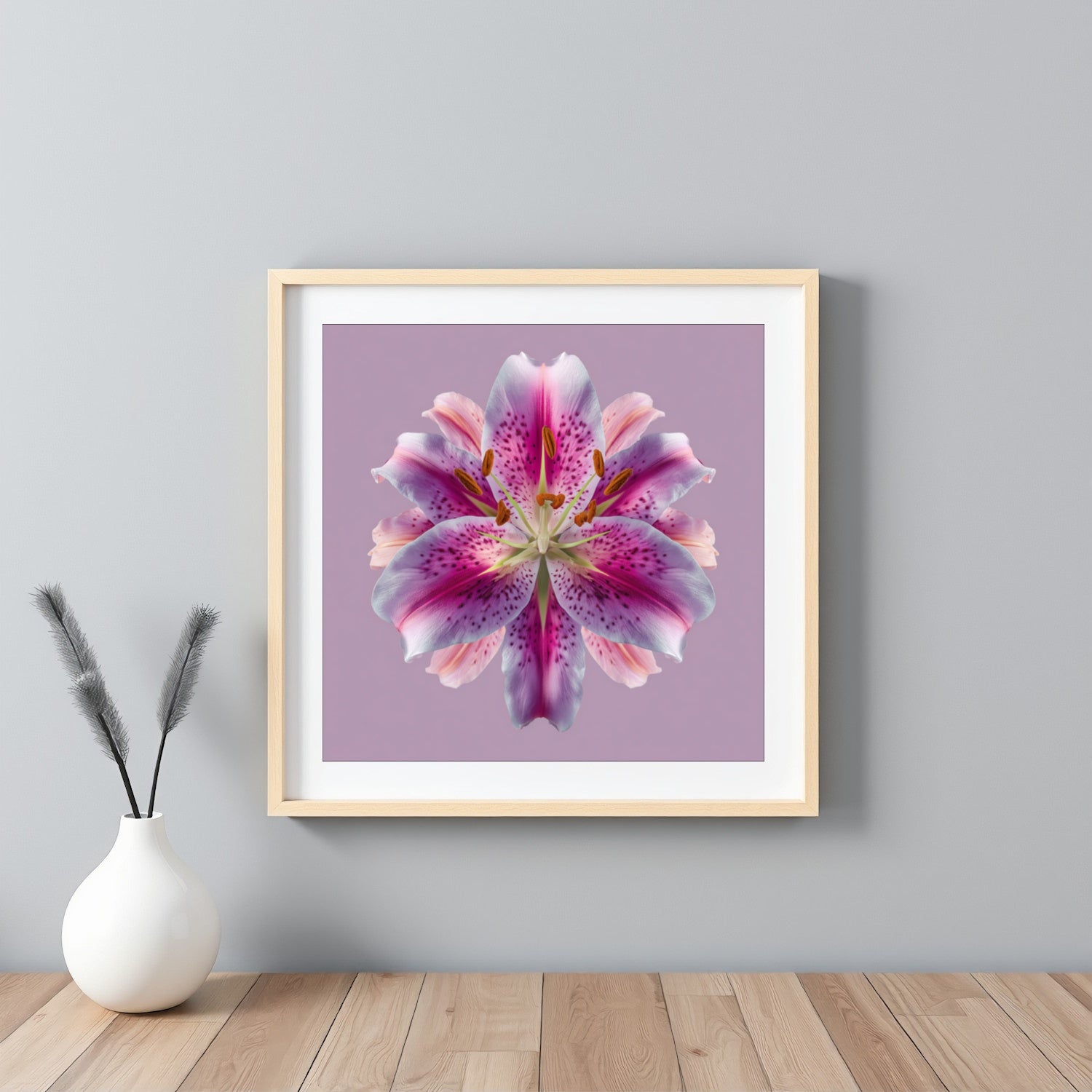 Lily Floral Reflection print – radiant pink lilies mirrored on lavender backdrop, striking wall art framed white