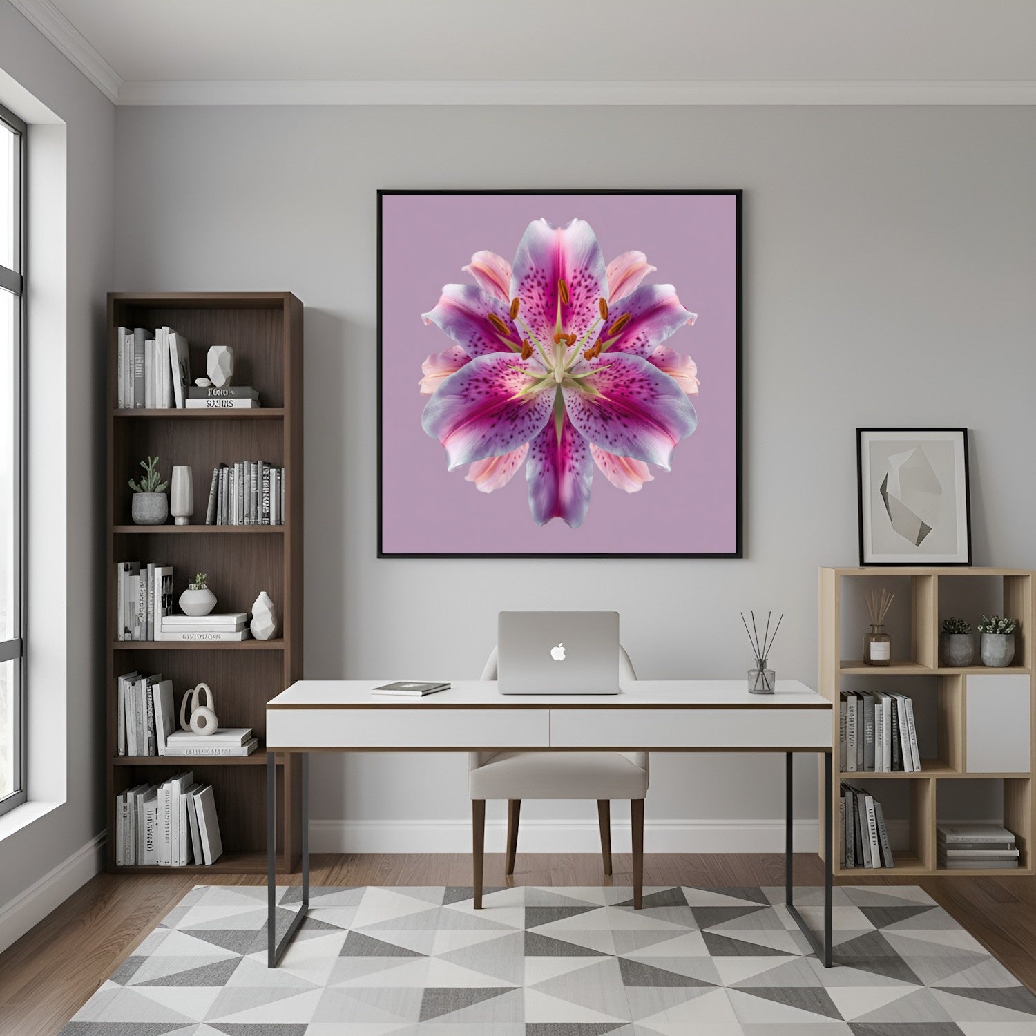 Lily Floral Reflection print – radiant pink lilies mirrored on lavender backdrop, striking wall art in home office