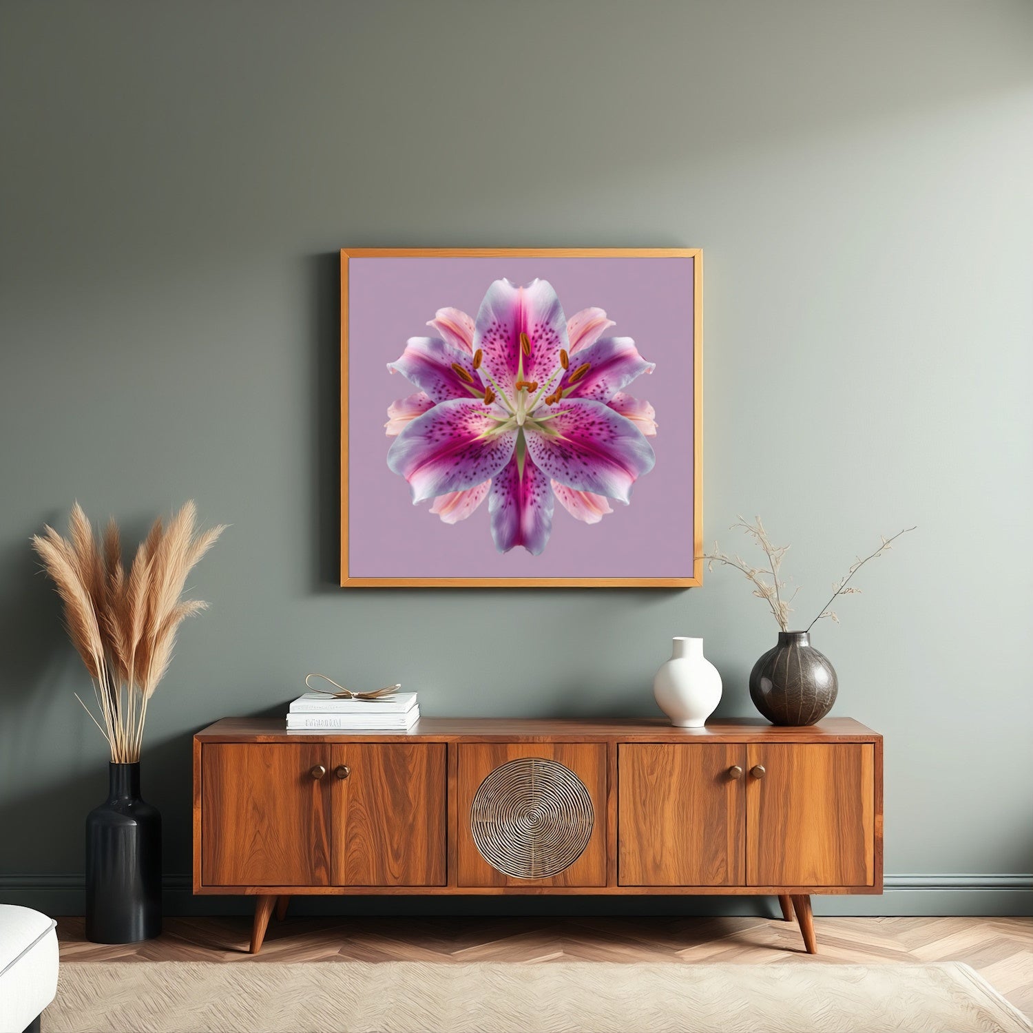 Lily Floral Reflection print – radiant pink lilies mirrored on lavender backdrop, striking wall art in living room