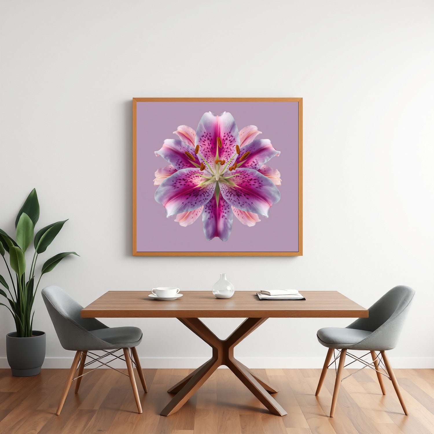Lily Floral Reflection print – radiant pink lilies mirrored on lavender backdrop, striking wall art in minimalist dining