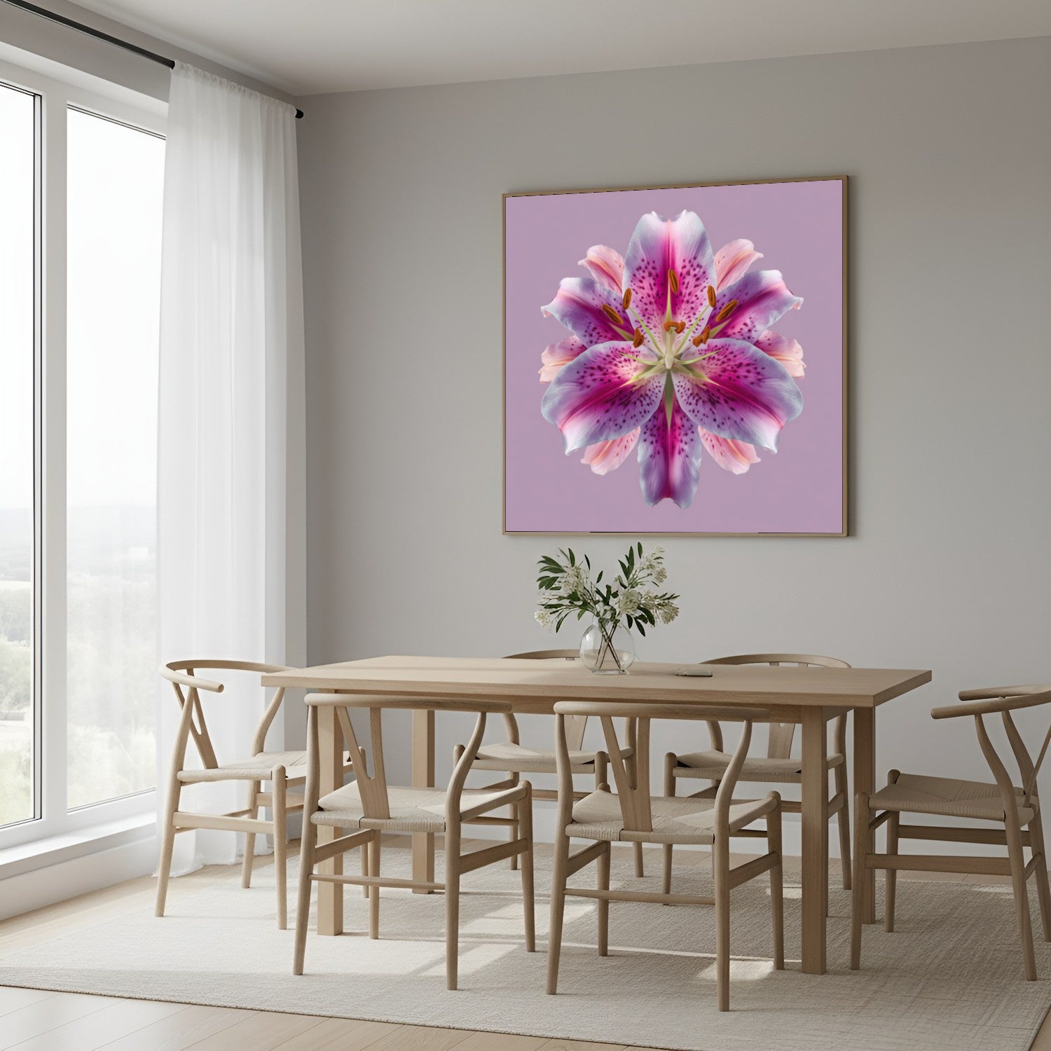 Lily Floral Reflection print – radiant pink lilies mirrored on lavender backdrop, striking wall art in Scandinavian dining