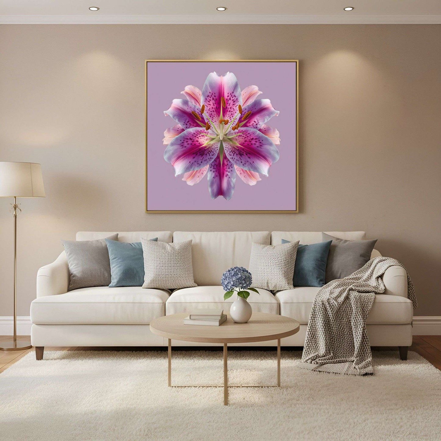 Lily Floral Reflection print – radiant pink lilies mirrored on lavender backdrop, striking wall art in Scandinavian living 