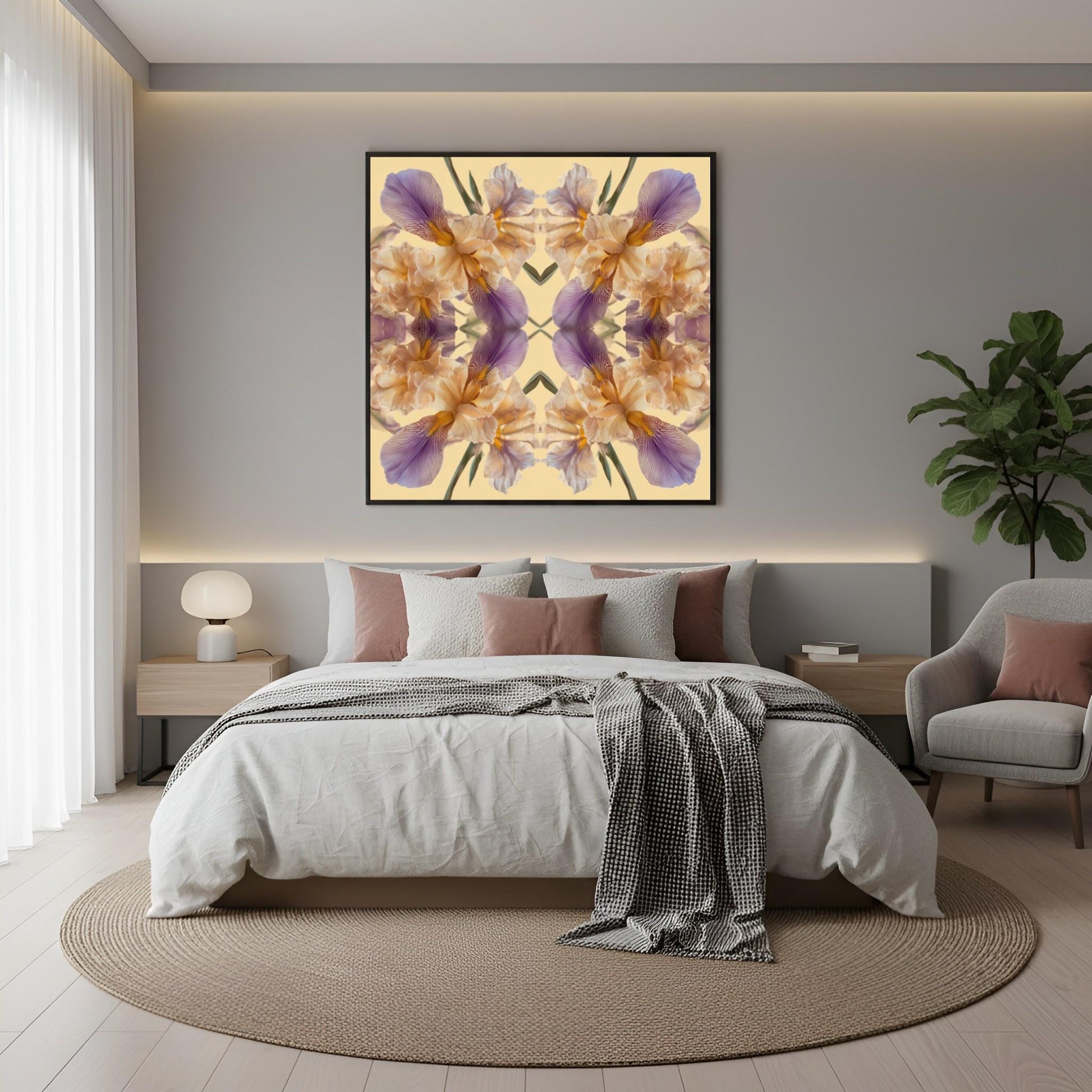 Mirrored Floral Cloud art print – golden and violet irises in kaleidoscopic symmetry, serene wall art in boho bedroom