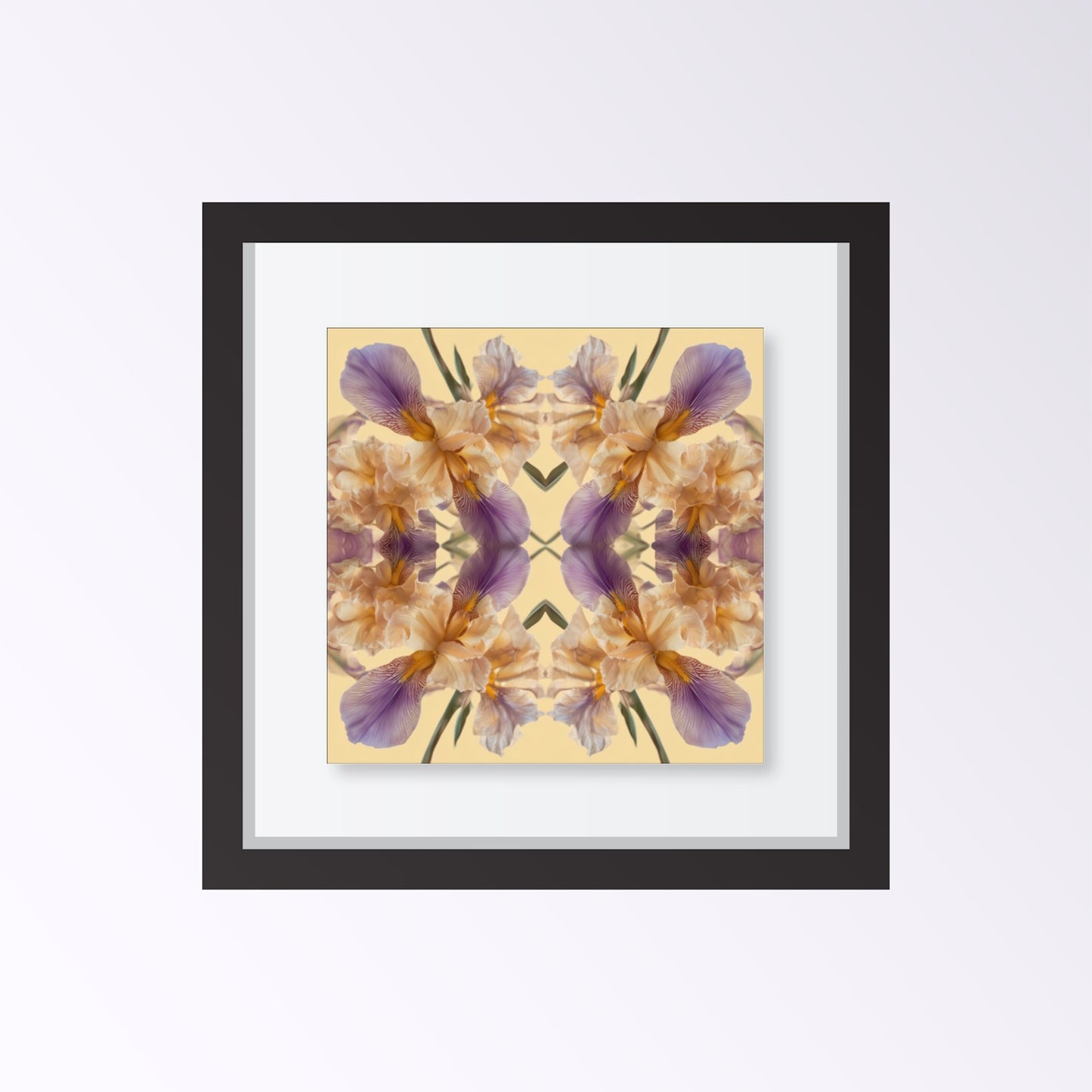 Mirrored Floral Cloud art print – golden and violet irises in kaleidoscopic symmetry, serene wall art framed black