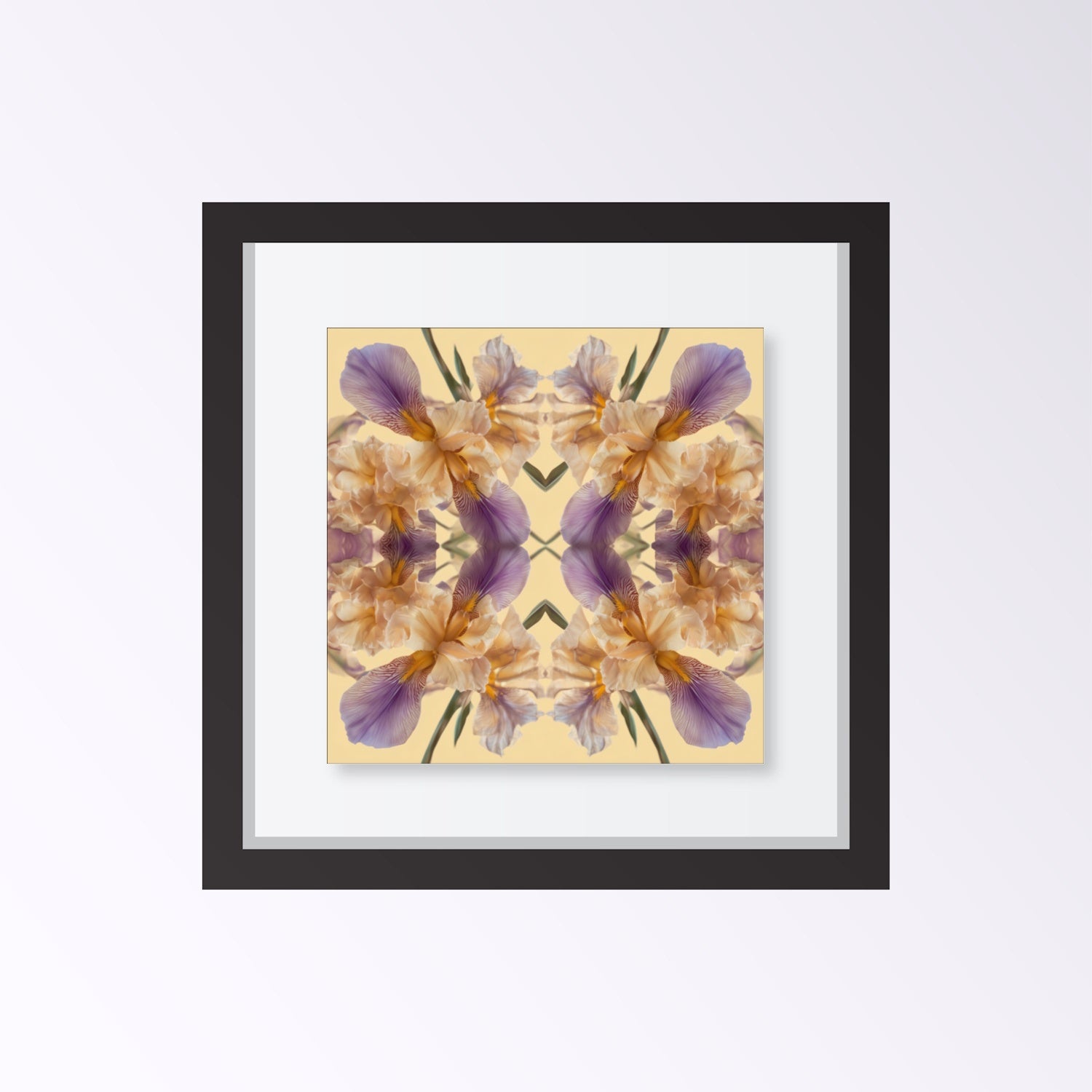 Mirrored Floral Cloud art print – golden and violet irises in kaleidoscopic symmetry, serene wall art framed black