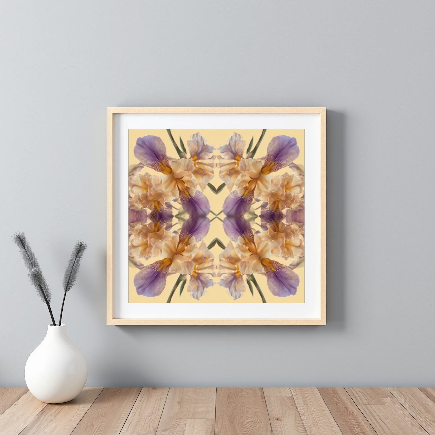 Mirrored Floral Cloud art print – golden and violet irises in kaleidoscopic symmetry, serene wall art framed white